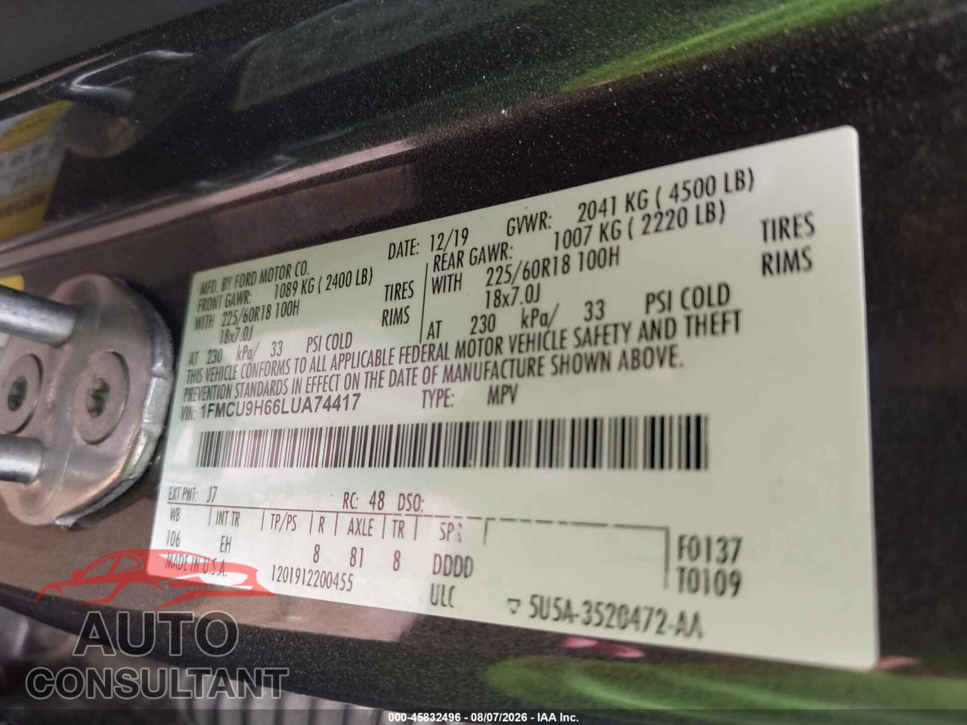 FORD ESCAPE 2020 - 1FMCU9H66LUA74417