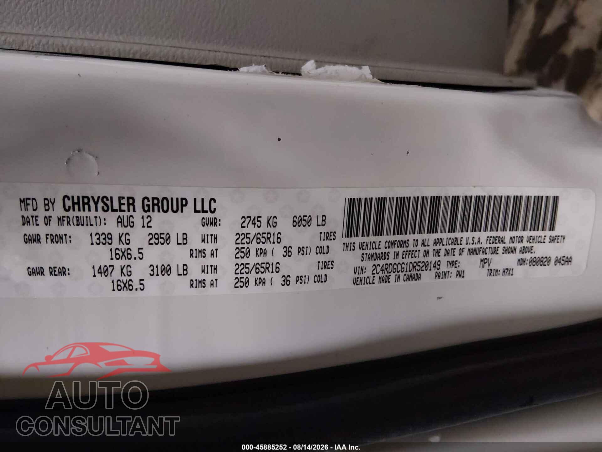 DODGE GRAND CARAVAN 2013 - 2C4RDGCG1DR520149