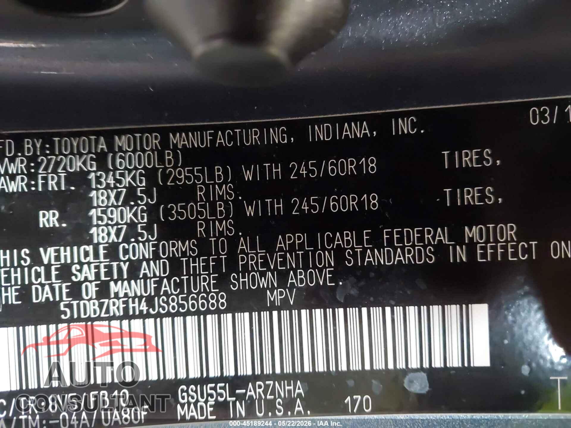 TOYOTA HIGHLANDER 2018 - 5TDBZRFH4JS856688