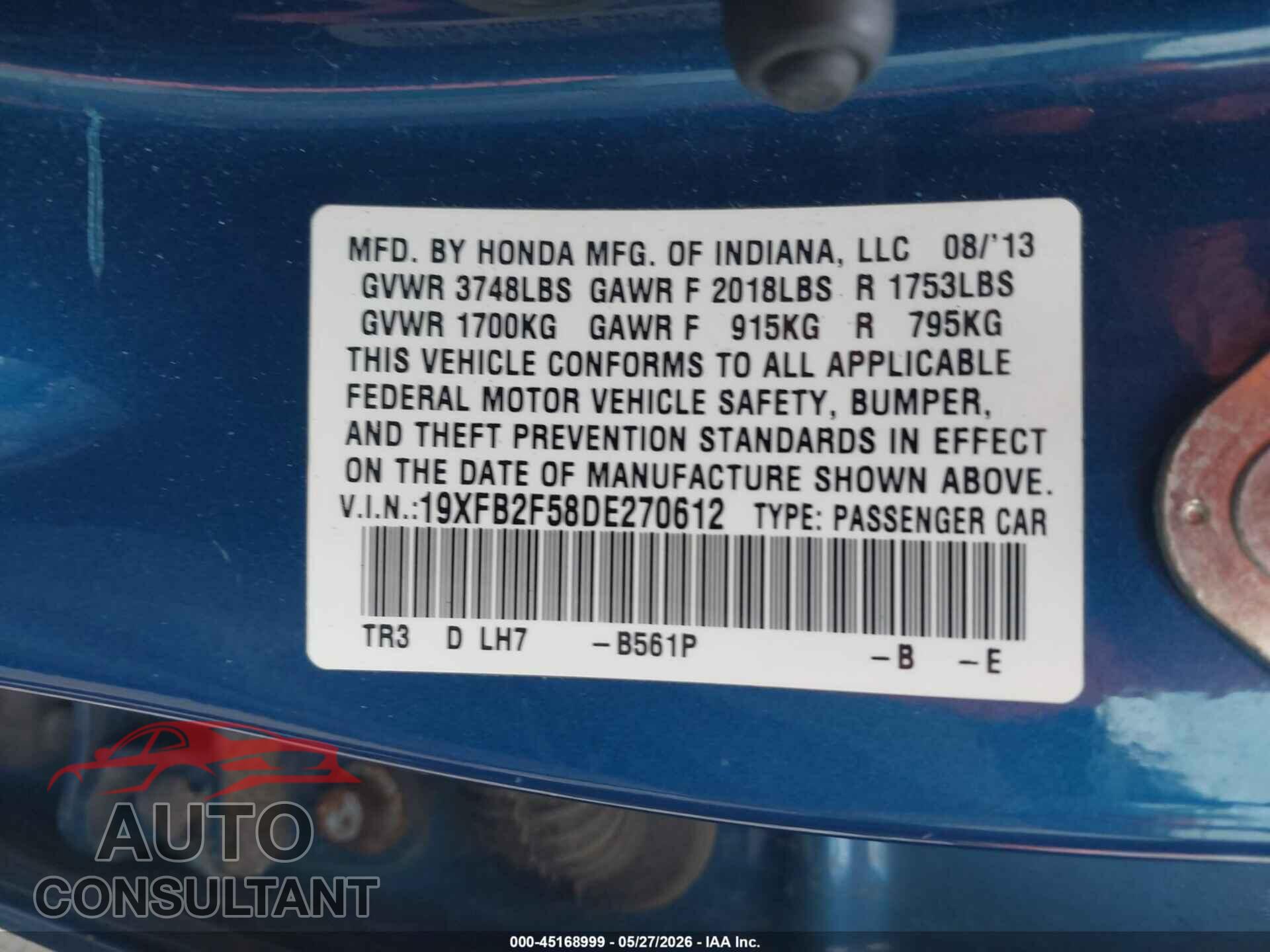 HONDA CIVIC 2013 - 19XFB2F58DE270612