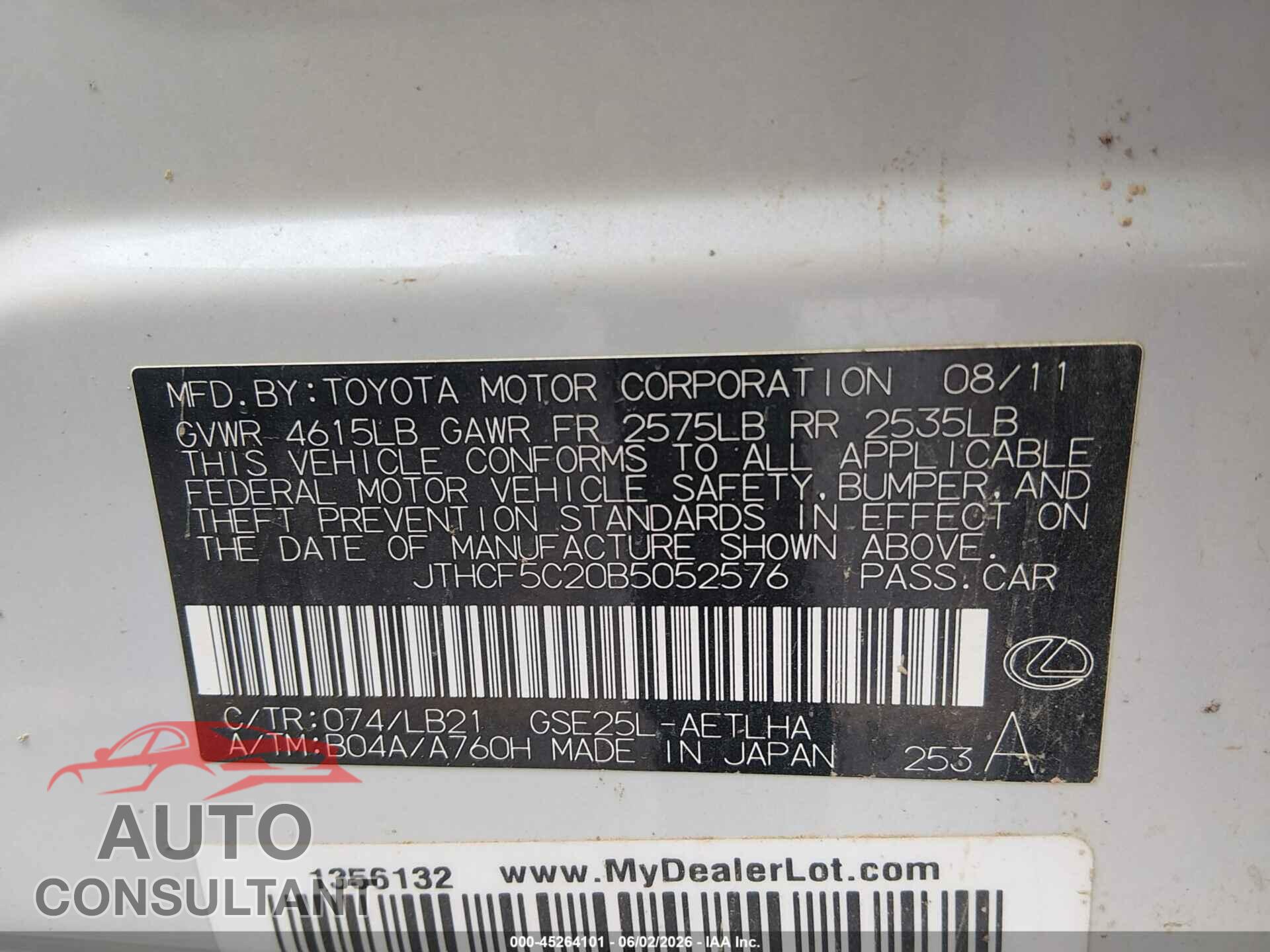 LEXUS IS 250 2011 - JTHCF5C20B5052576
