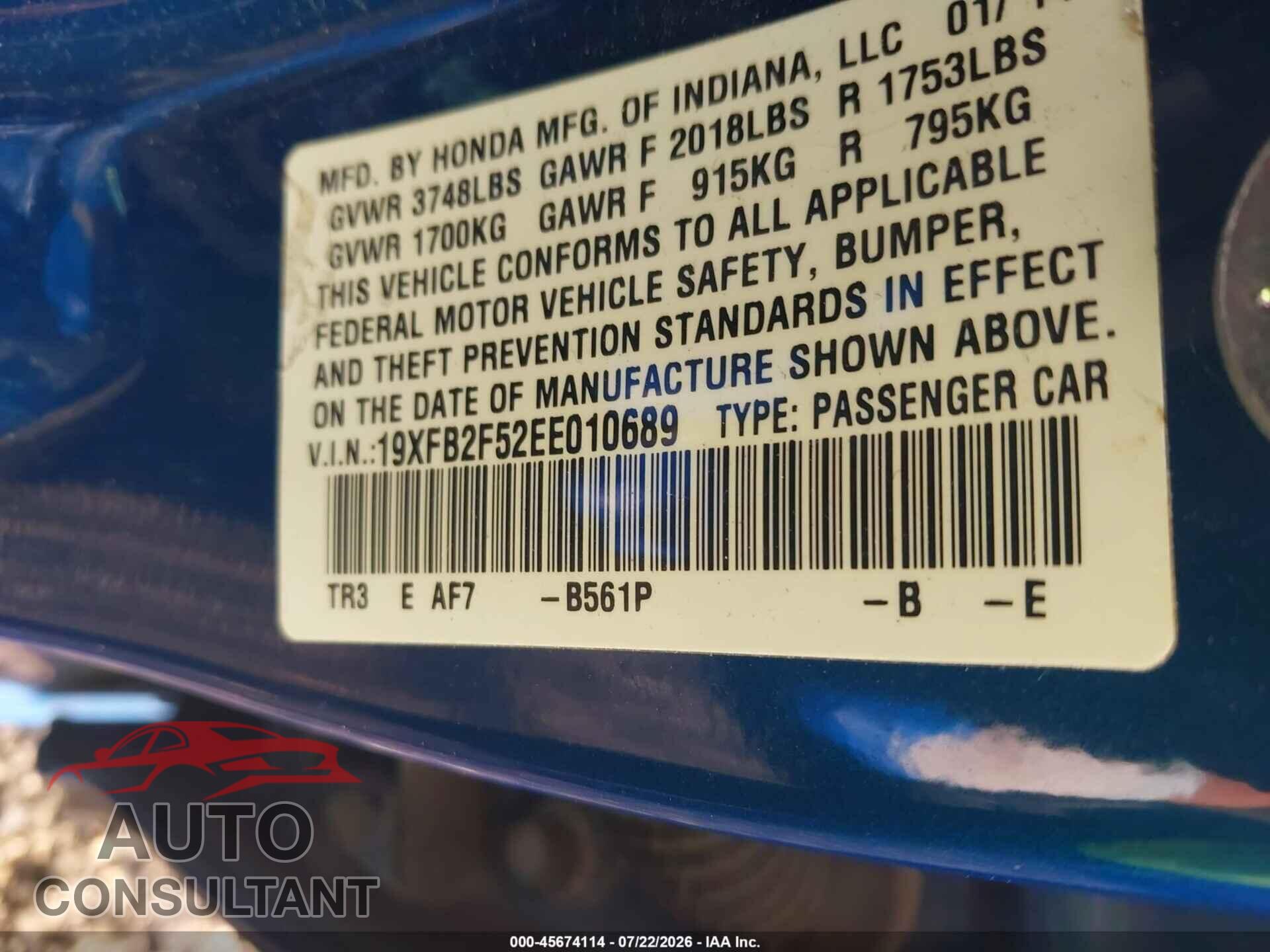 HONDA CIVIC 2014 - 19XFB2F52EE010689