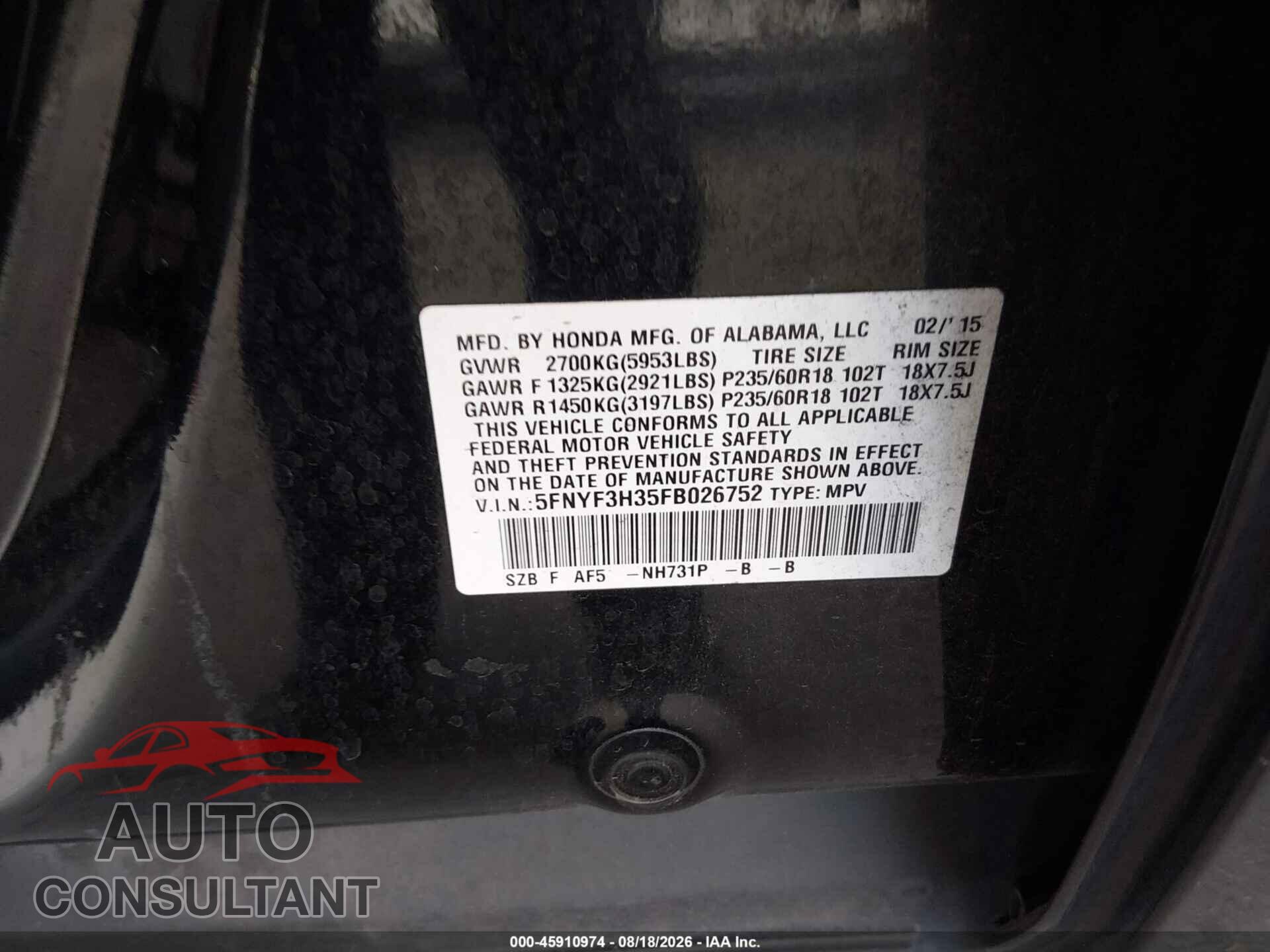 HONDA PILOT 2015 - 5FNYF3H35FB026752