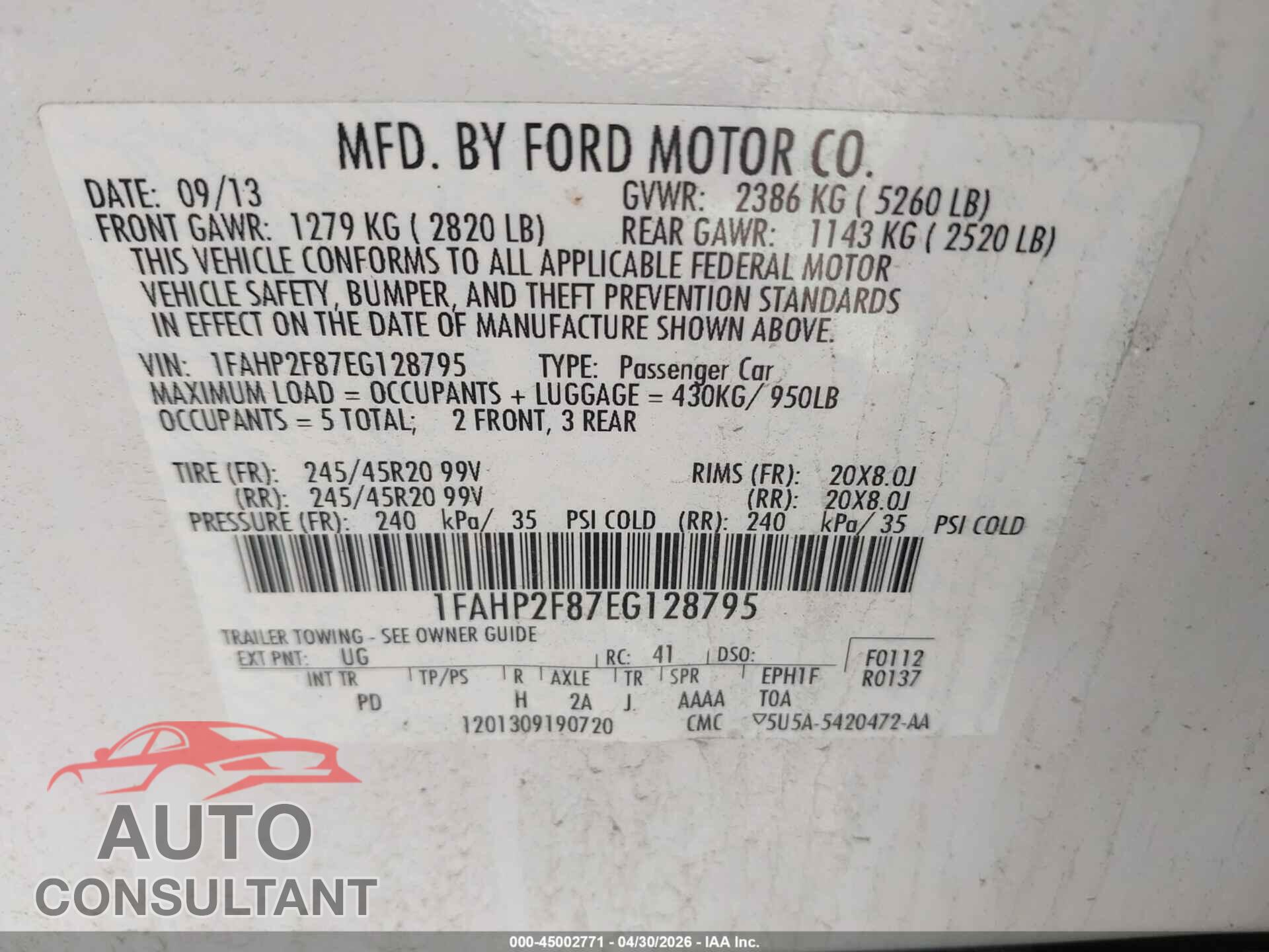 FORD TAURUS 2014 - 1FAHP2F87EG128795