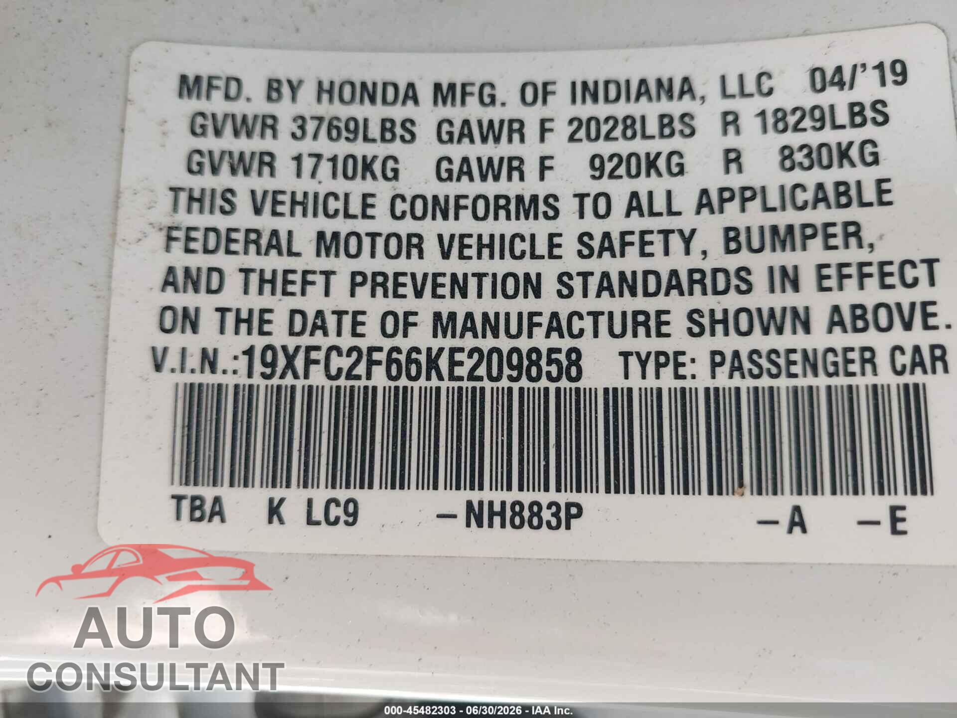 HONDA CIVIC 2019 - 19XFC2F66KE209858