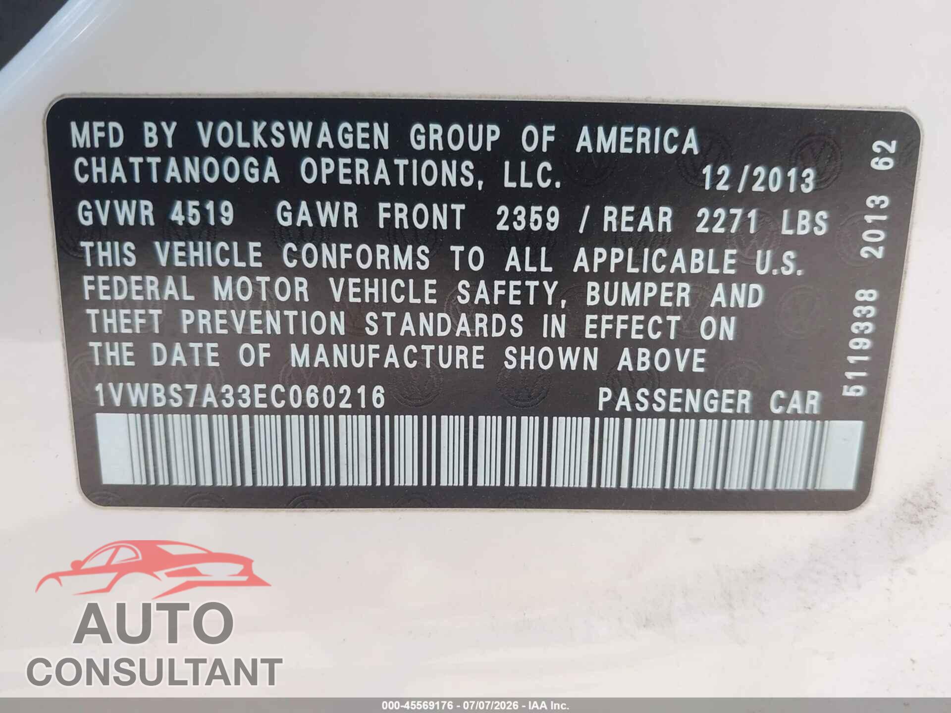 VOLKSWAGEN PASSAT 2014 - 1VWBS7A33EC060216