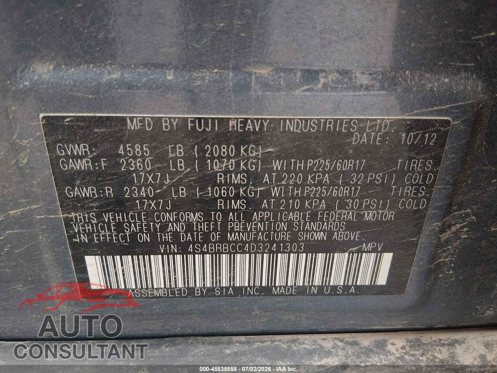 SUBARU OUTBACK 2013 - 4S4BRBCC4D3241303