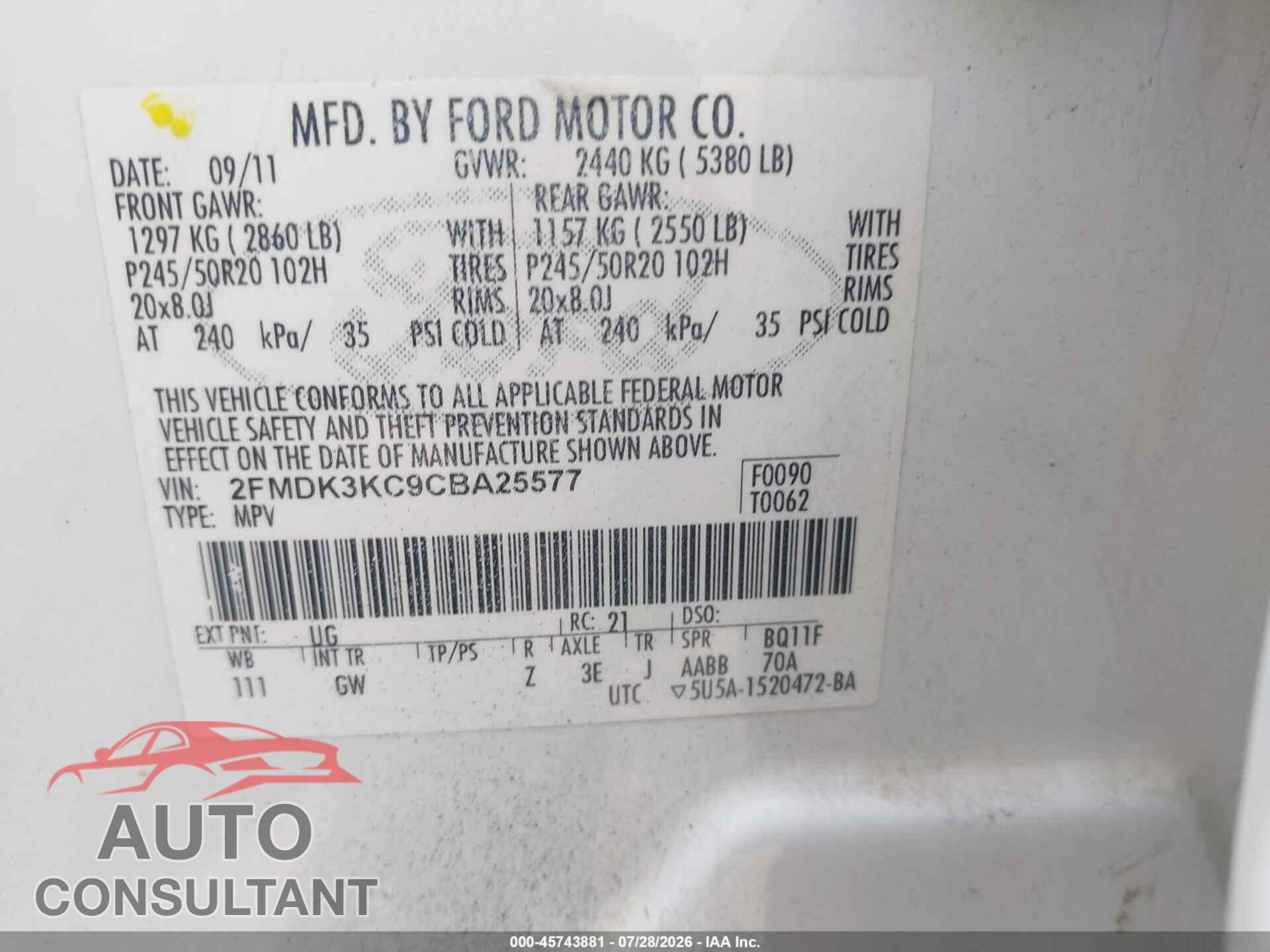 FORD EDGE 2012 - 2FMDK3KC9CBA25577