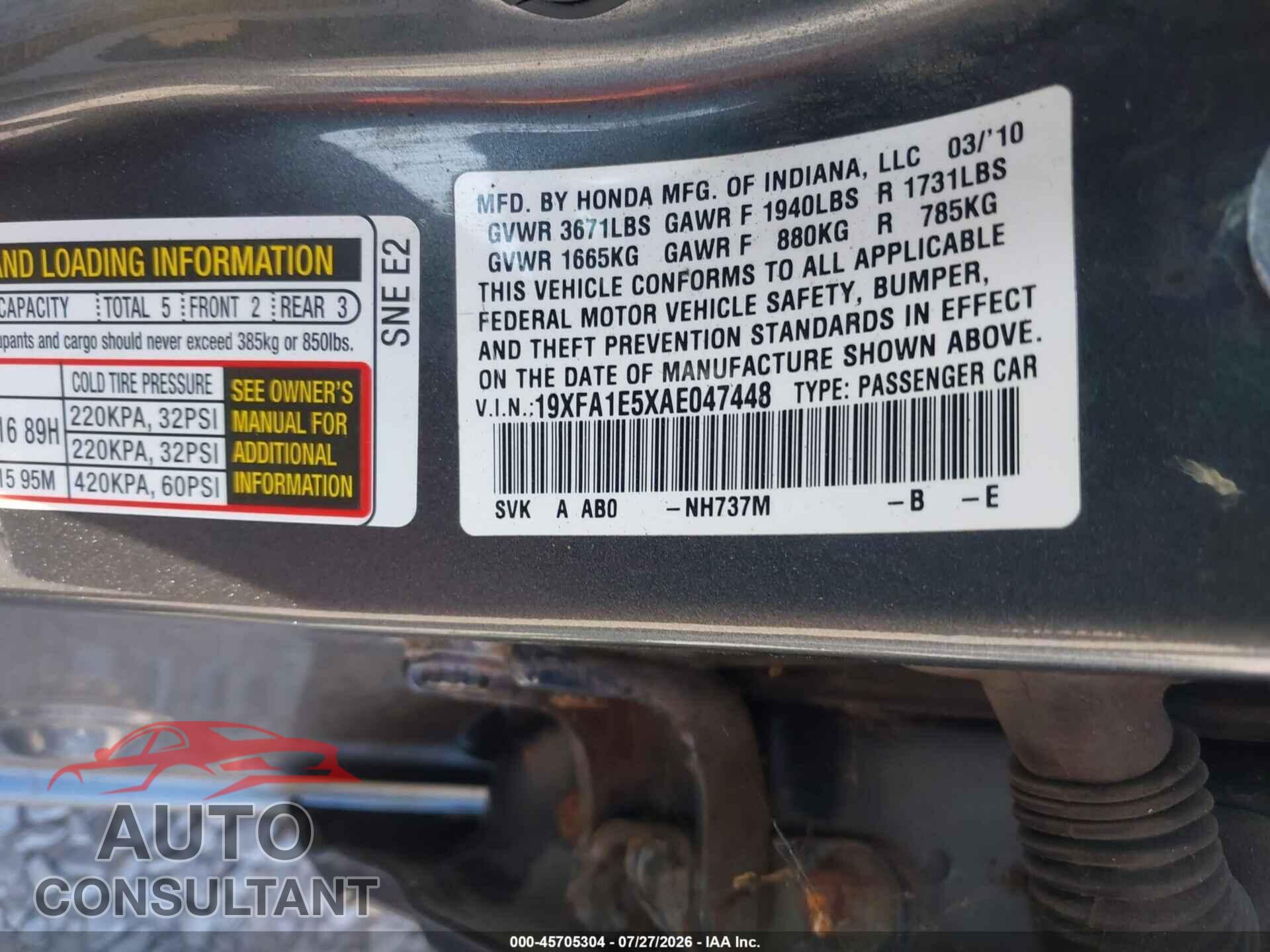 HONDA CIVIC 2010 - 19XFA1E5XAE047448