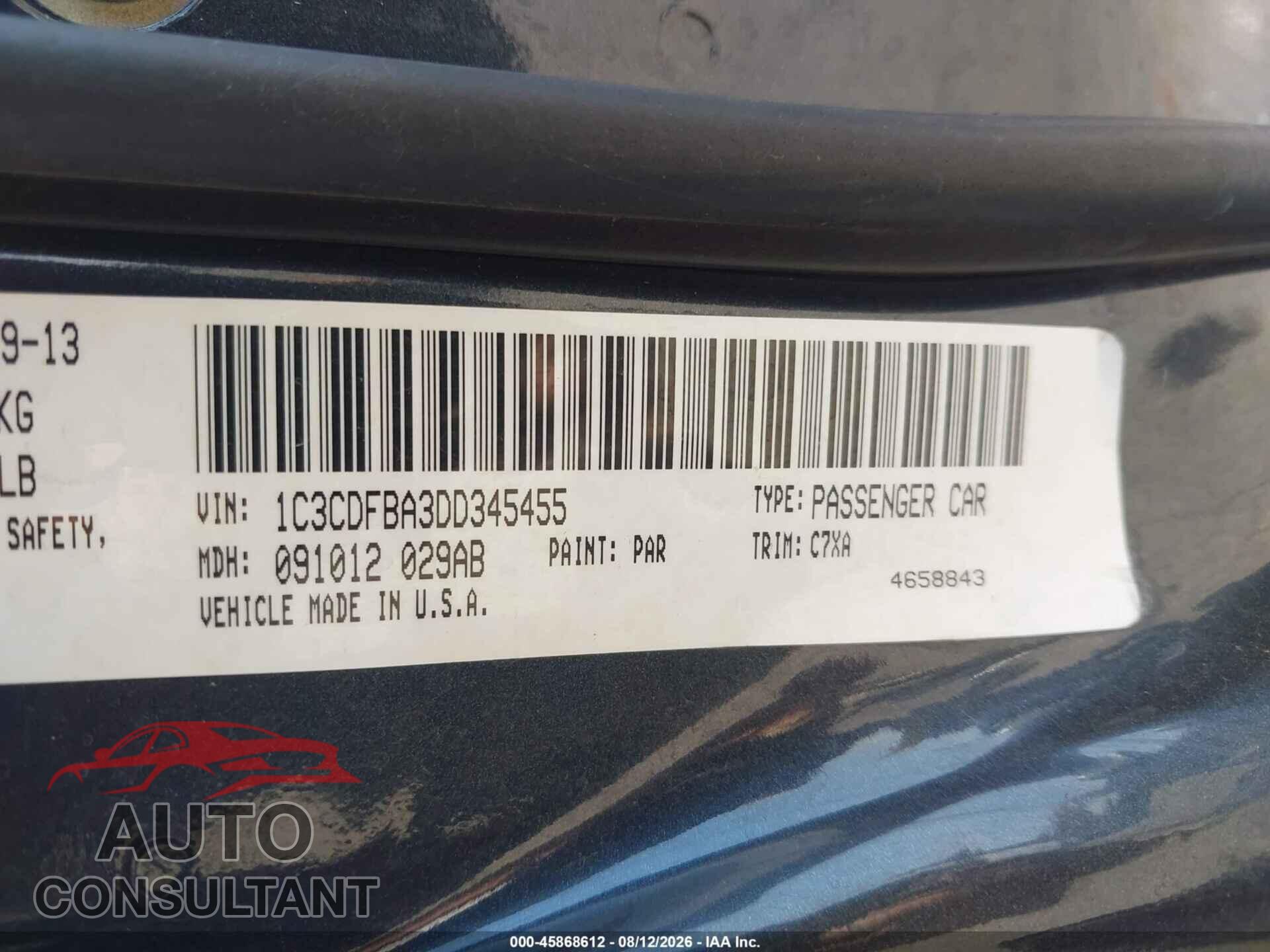 DODGE DART 2013 - 1C3CDFBA3DD345455