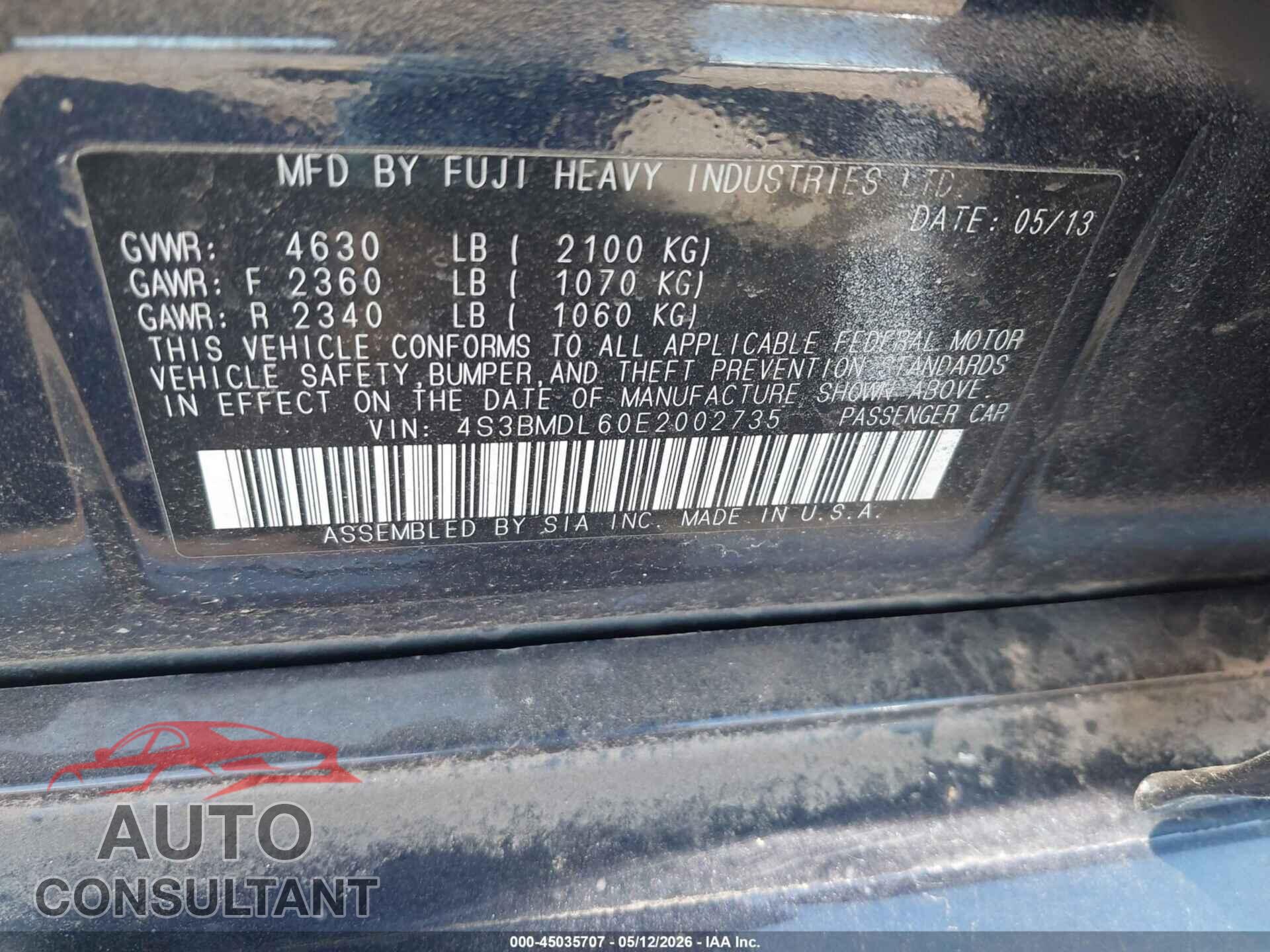 SUBARU LEGACY 2014 - 4S3BMDL60E2002735