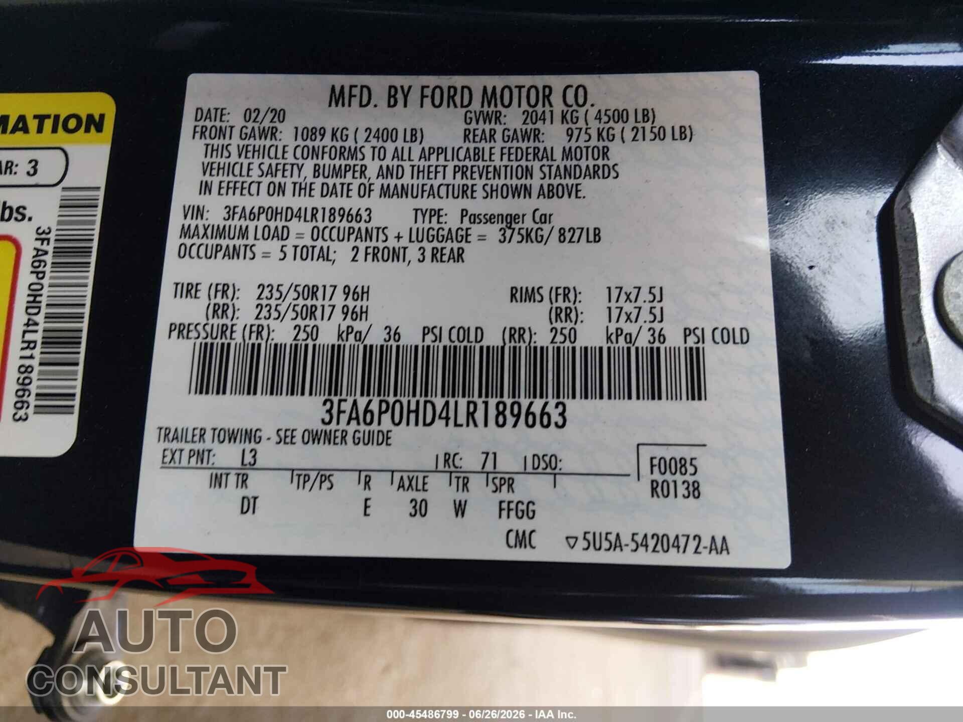 FORD FUSION 2020 - 3FA6P0HD4LR189663
