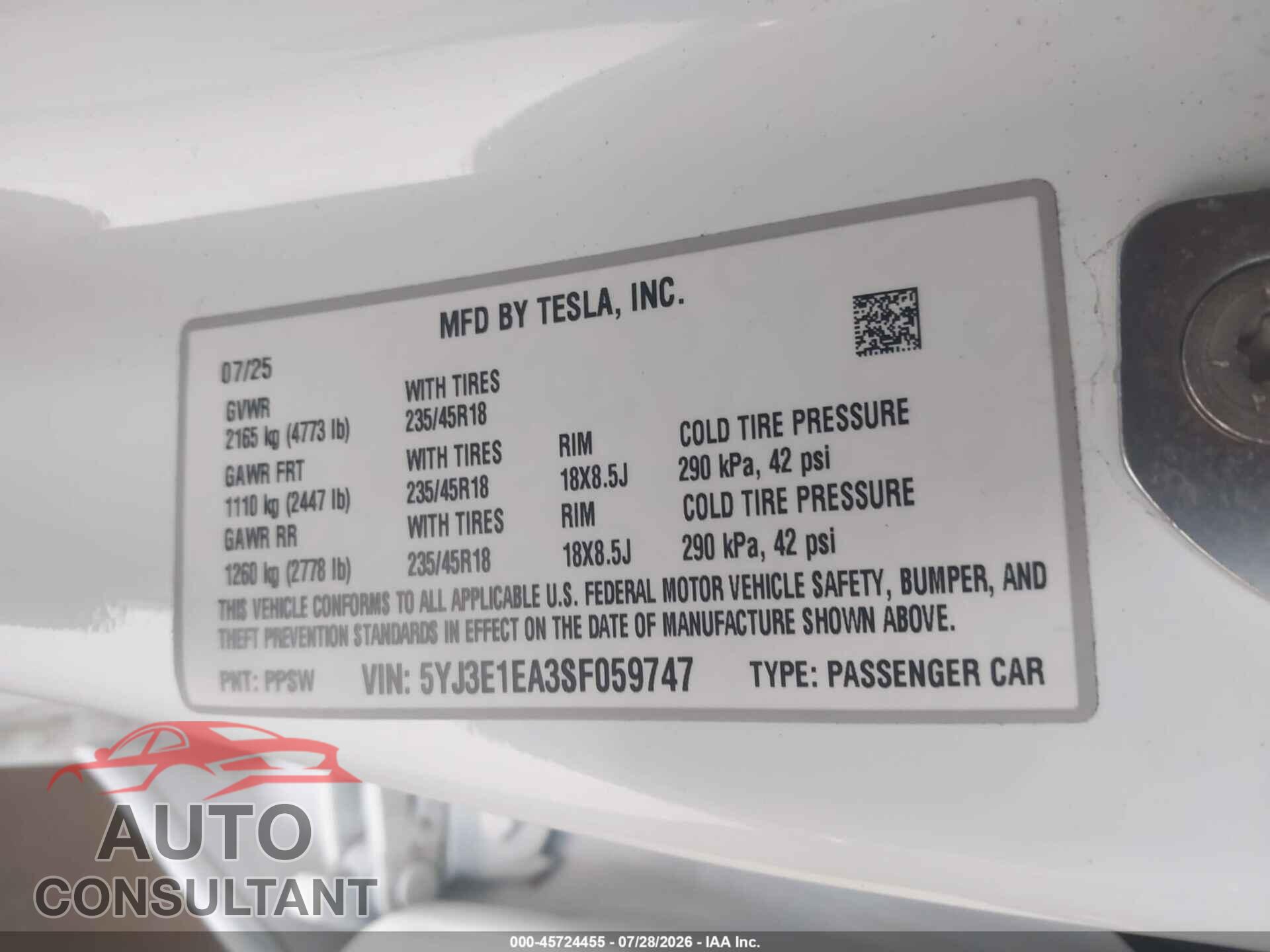 TESLA MODEL 3 2025 - 5YJ3E1EA3SF059747