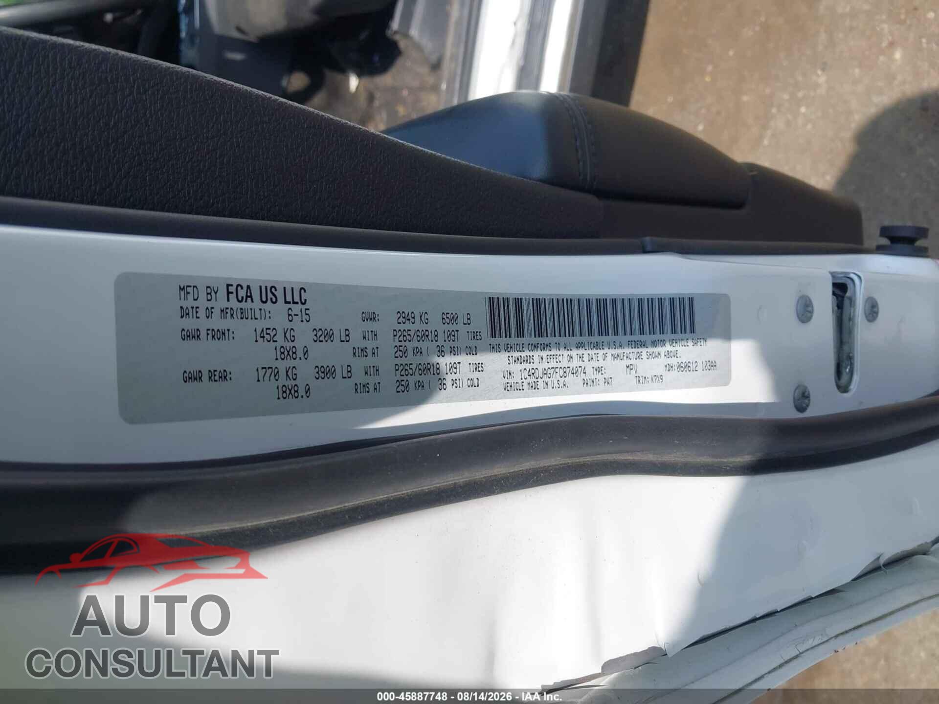 DODGE DURANGO 2015 - 1C4RDJAG7FC874074