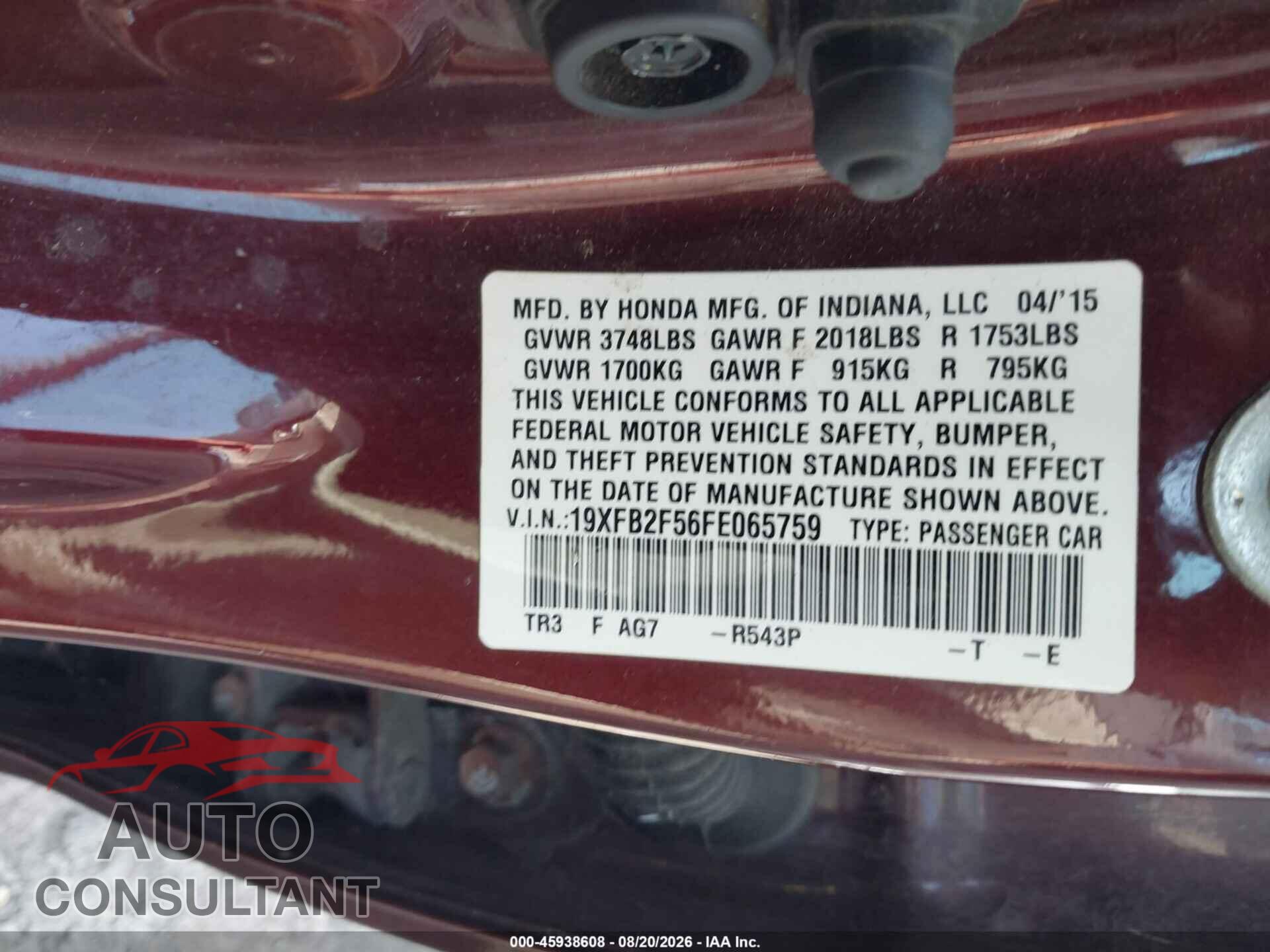 HONDA CIVIC 2015 - 19XFB2F56FE065759