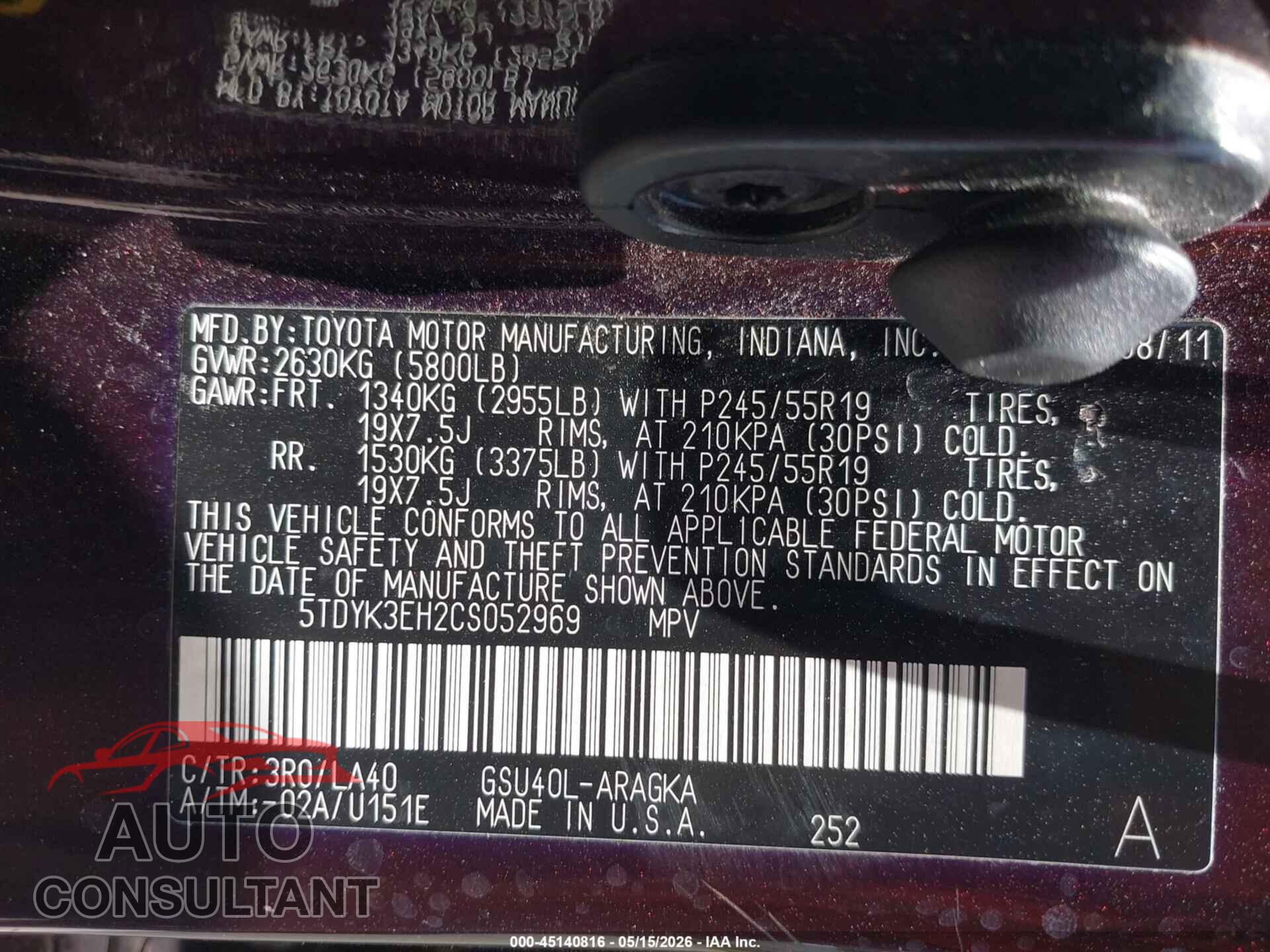 TOYOTA HIGHLANDER 2012 - 5TDYK3EH2CS052969