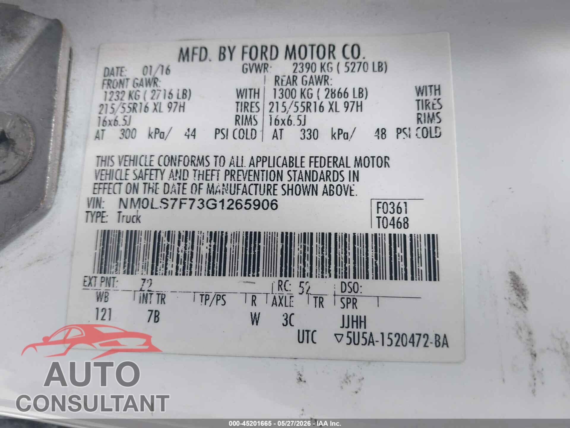 FORD TRANSIT CONNECT 2016 - NM0LS7F73G1265906