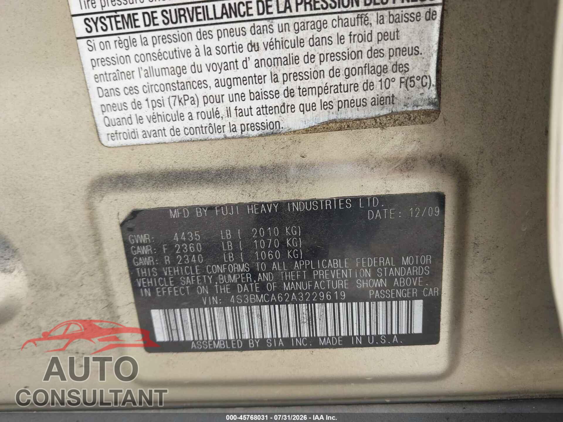SUBARU LEGACY 2010 - 4S3BMCA62A3229619