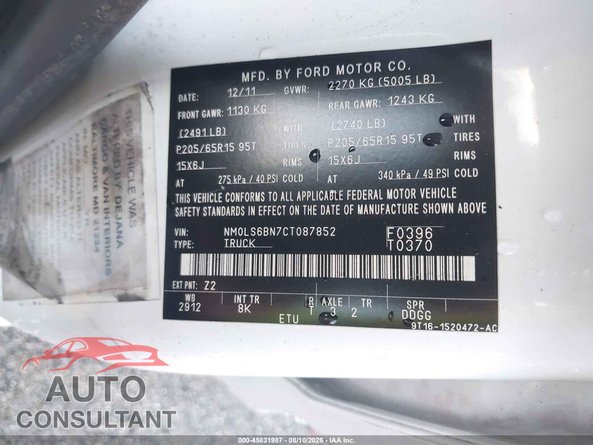 FORD TRANSIT CONNECT 2012 - NM0LS6BN7CT087852