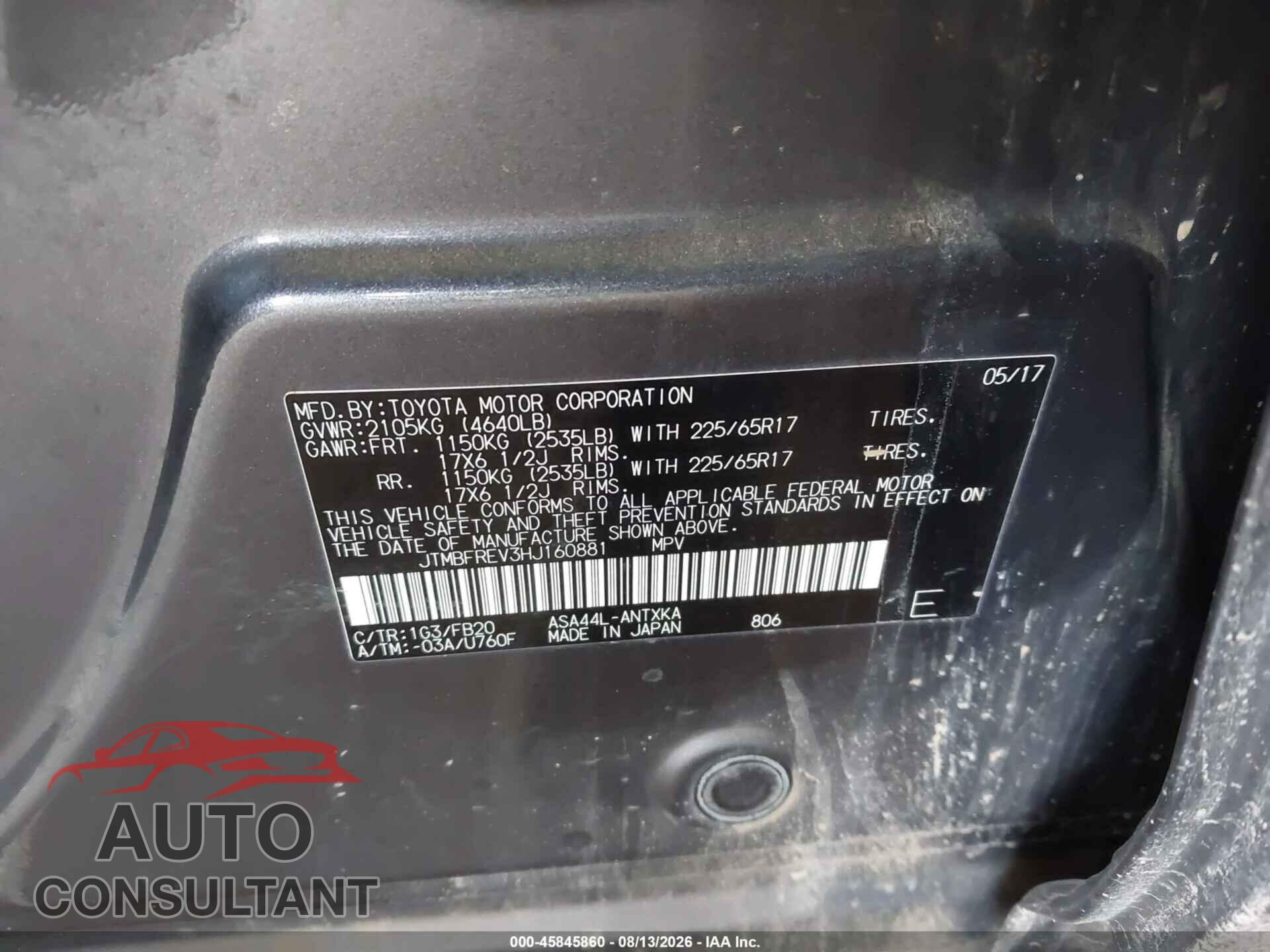 TOYOTA RAV4 2017 - JTMBFREV3HJ160881