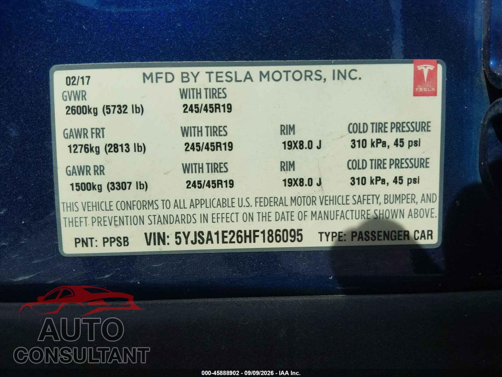 TESLA MODEL S 2017 - 5YJSA1E26HF186095