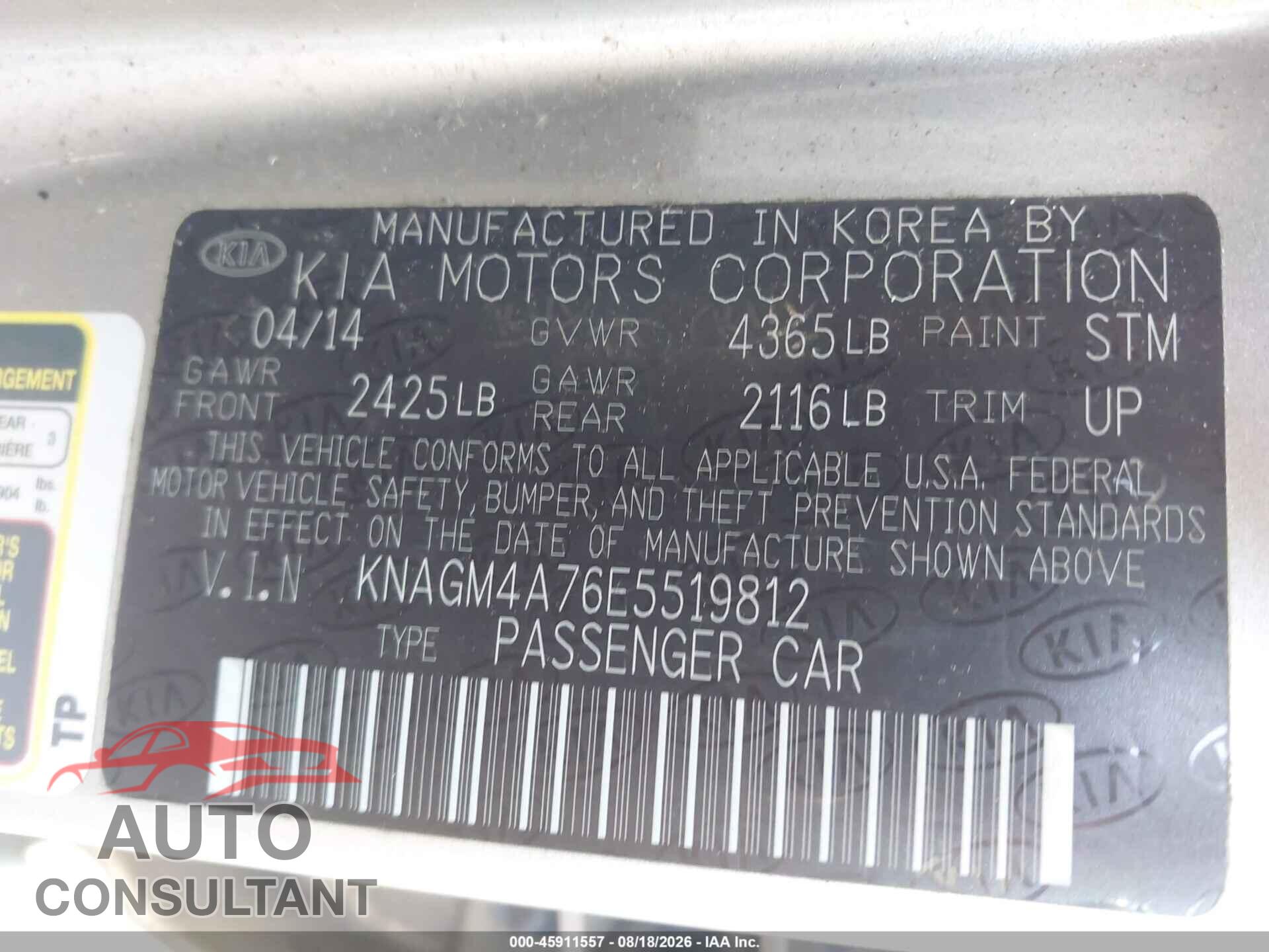 KIA OPTIMA 2014 - KNAGM4A76E5519812
