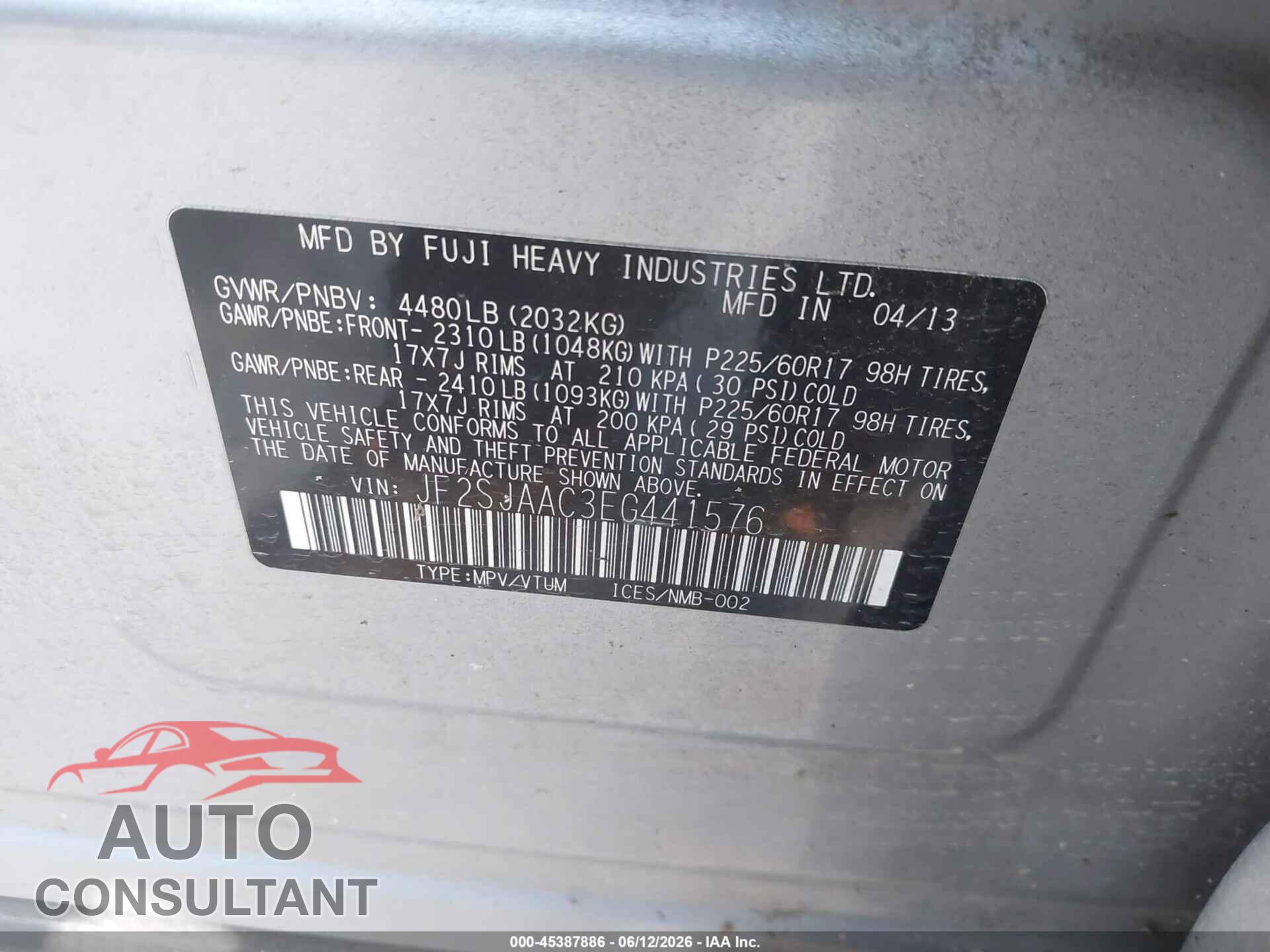SUBARU FORESTER 2014 - JF2SJAAC3EG441576