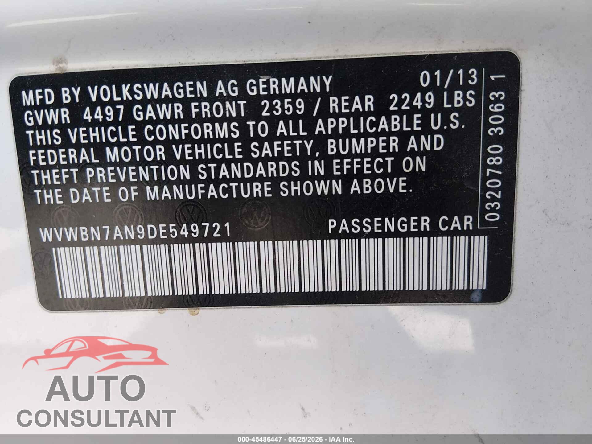 VOLKSWAGEN CC 2013 - WVWBN7AN9DE549721