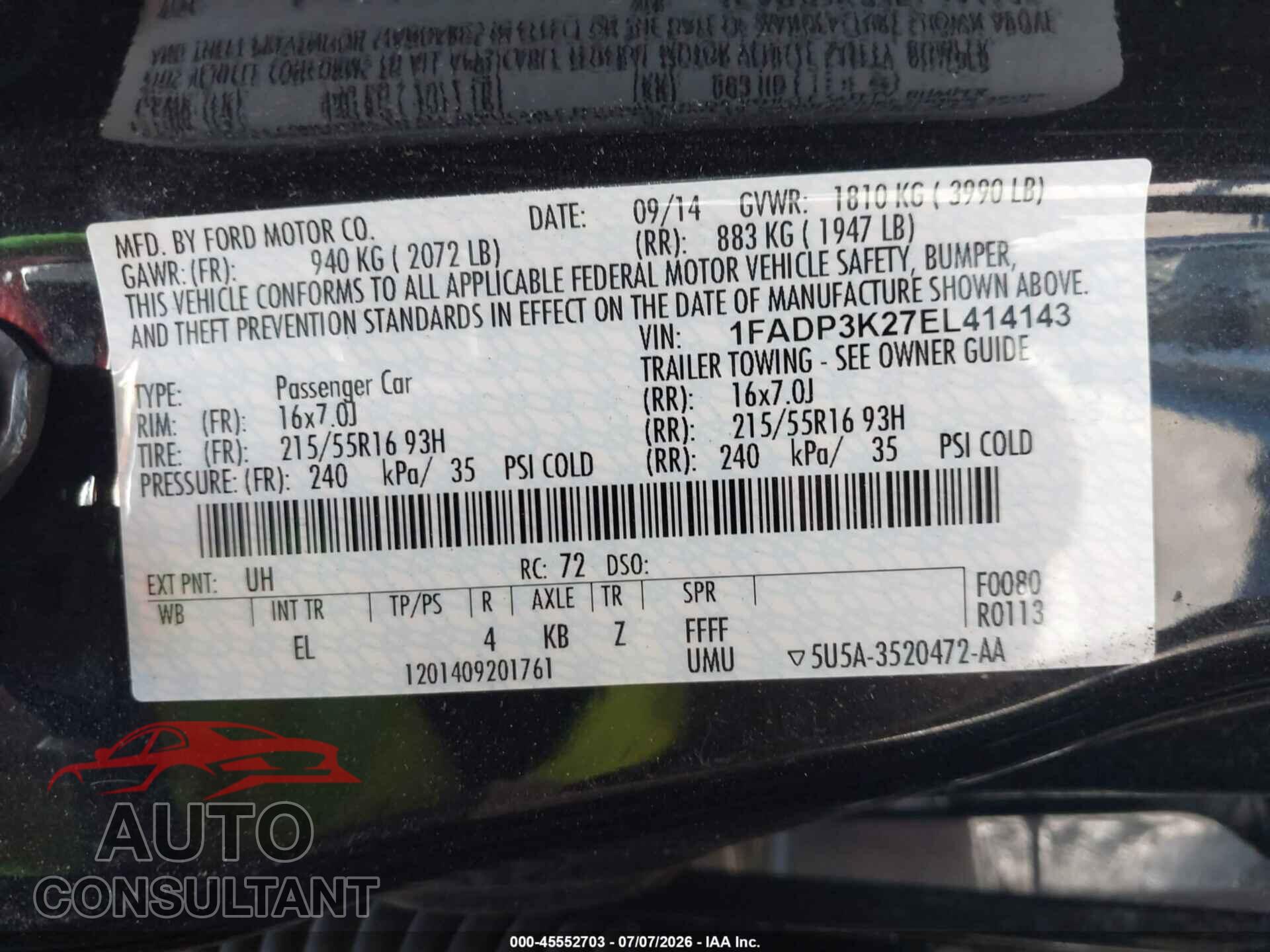 FORD FOCUS 2014 - 1FADP3K27EL414143