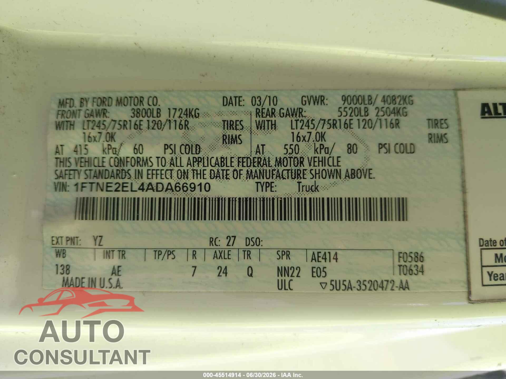 FORD E-250 2010 - 1FTNE2EL4ADA66910