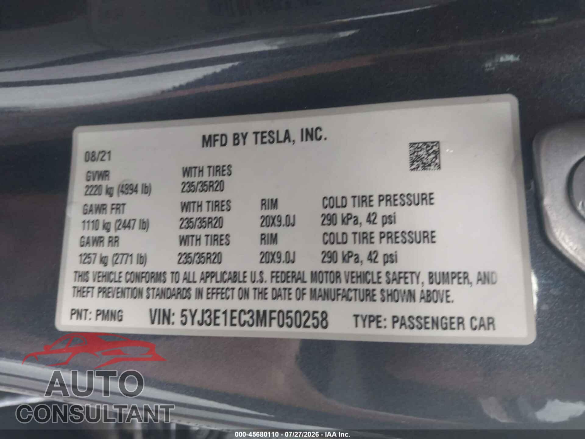 TESLA MODEL 3 2021 - 5YJ3E1EC3MF050258