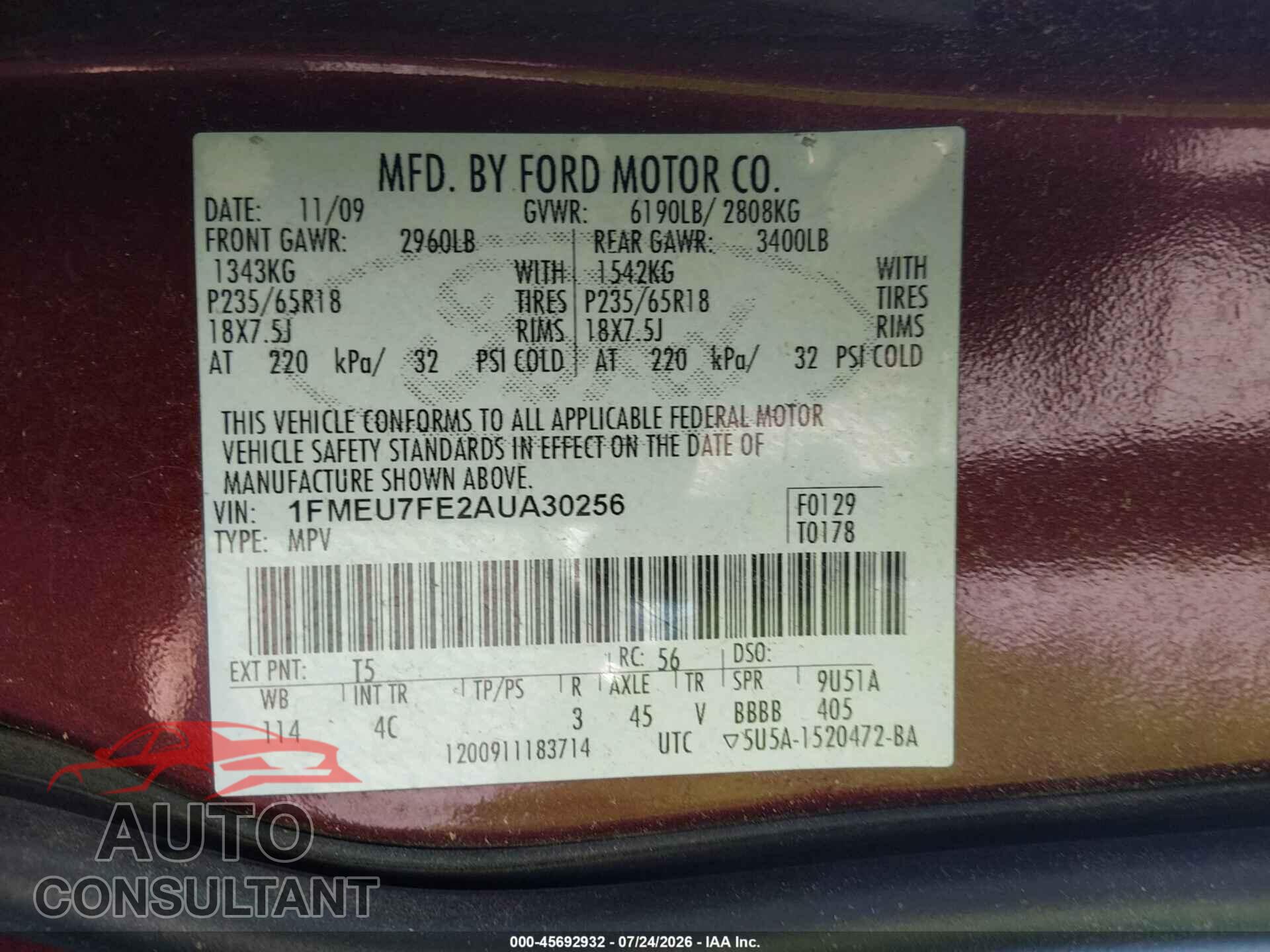 FORD EXPLORER 2010 - 1FMEU7FE2AUA30256