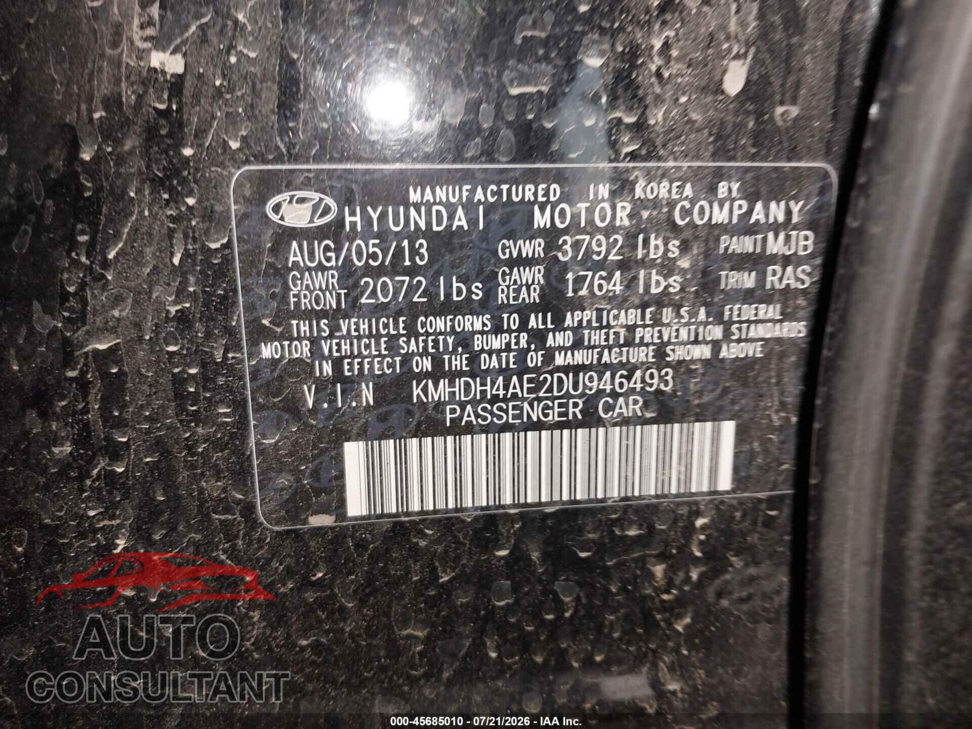 HYUNDAI ELANTRA 2013 - KMHDH4AE2DU946493