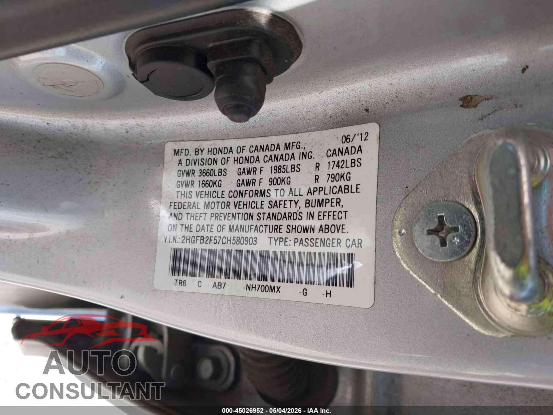 HONDA CIVIC 2012 - 2HGFB2F57CH580903