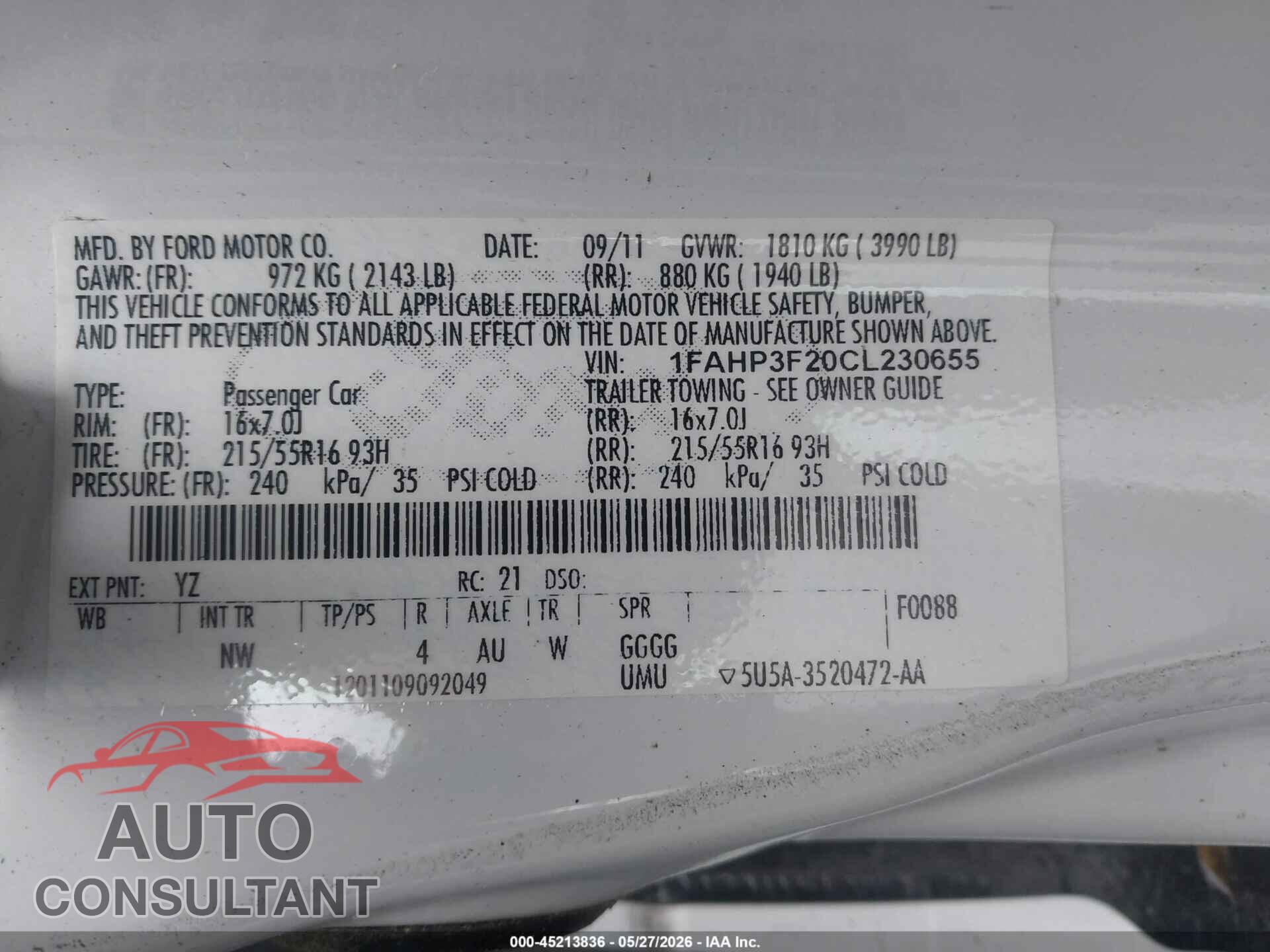 FORD FOCUS 2012 - 1FAHP3F20CL230655