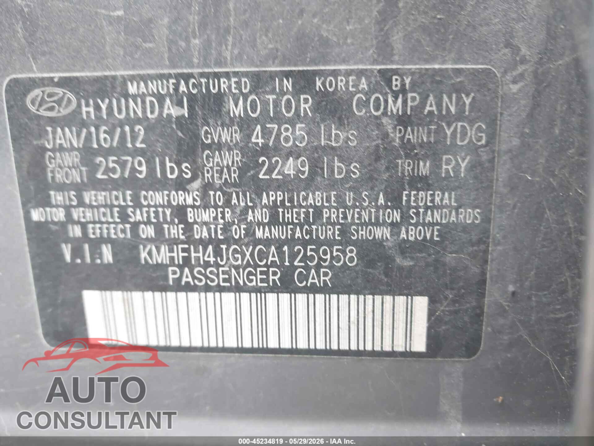 HYUNDAI AZERA 2012 - KMHFH4JGXCA125958
