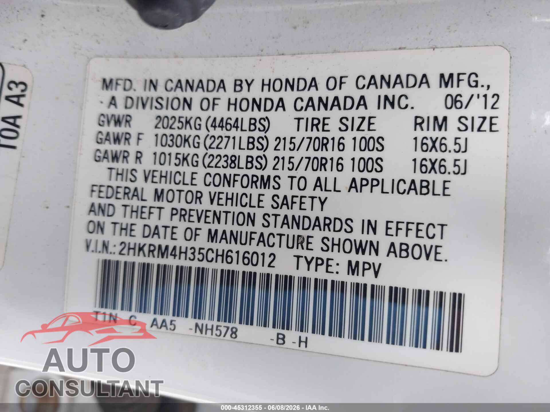 HONDA CR-V 2012 - 2HKRM4H35CH616012