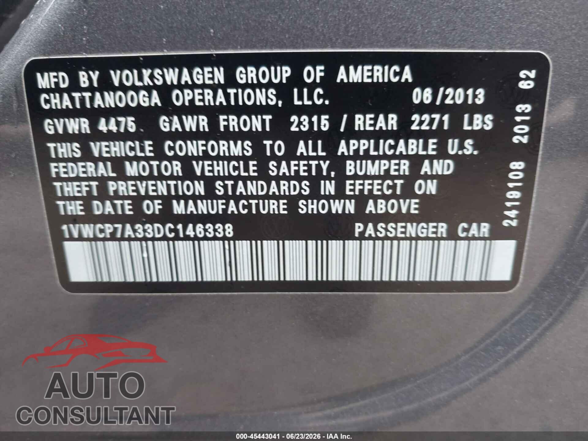 VOLKSWAGEN PASSAT 2013 - 1VWCP7A33DC146338