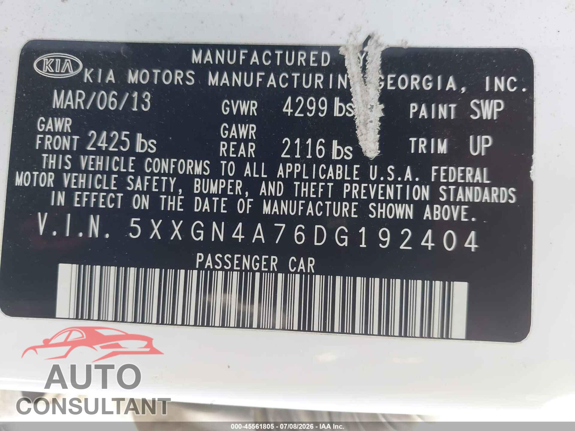 KIA OPTIMA 2013 - 5XXGN4A76DG192404
