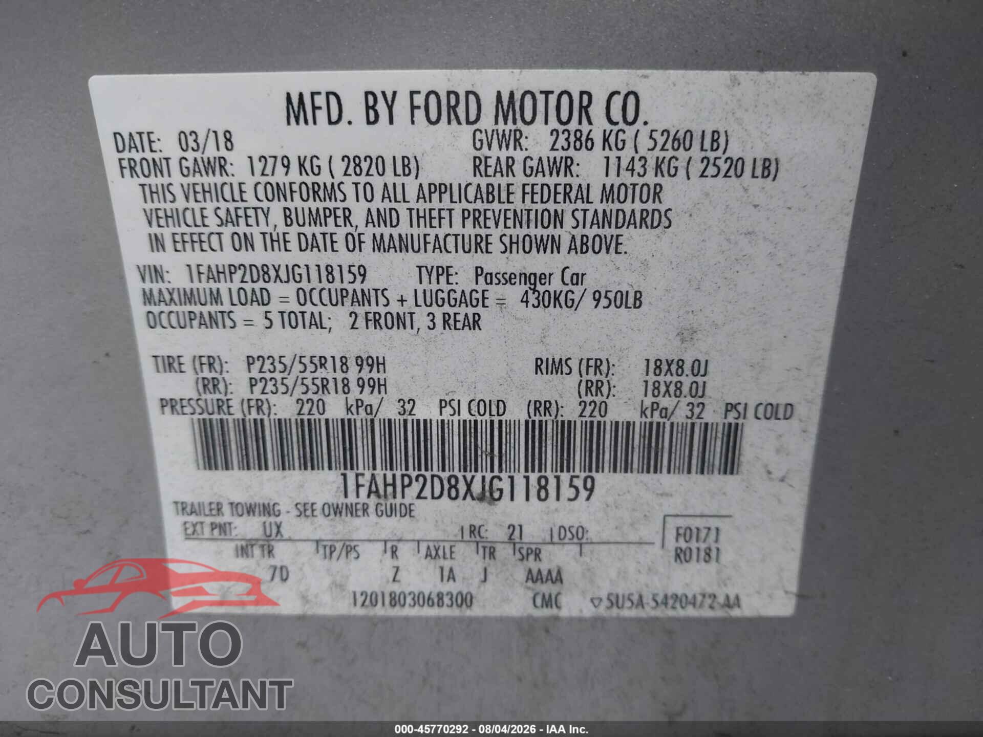 FORD TAURUS 2018 - 1FAHP2D8XJG118159