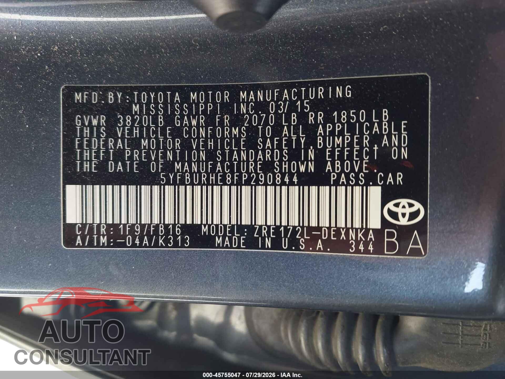 TOYOTA COROLLA 2015 - 5YFBURHE8FP290844
