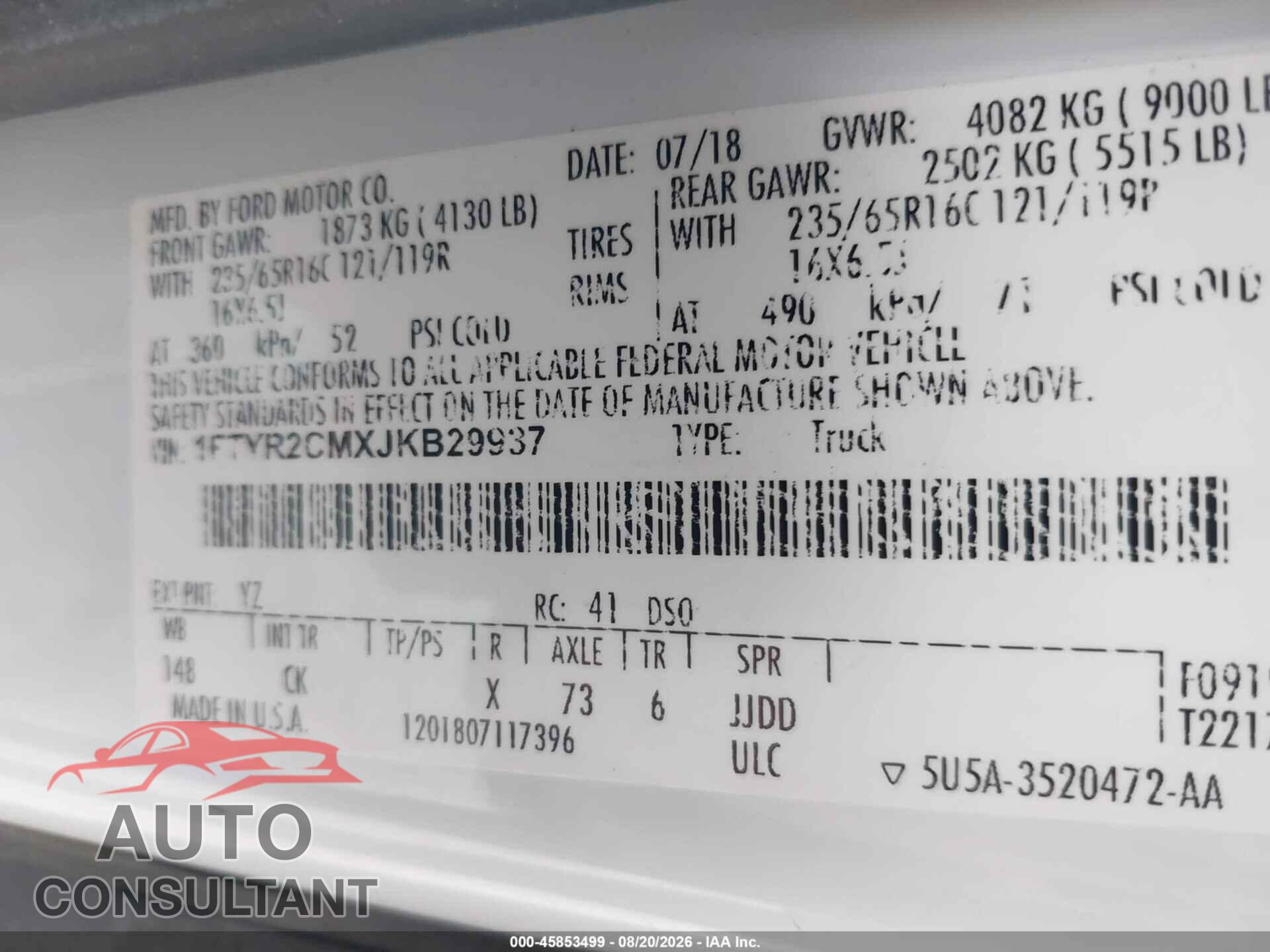 FORD TRANSIT-250 2018 - 1FTYR2CMXJKB29937