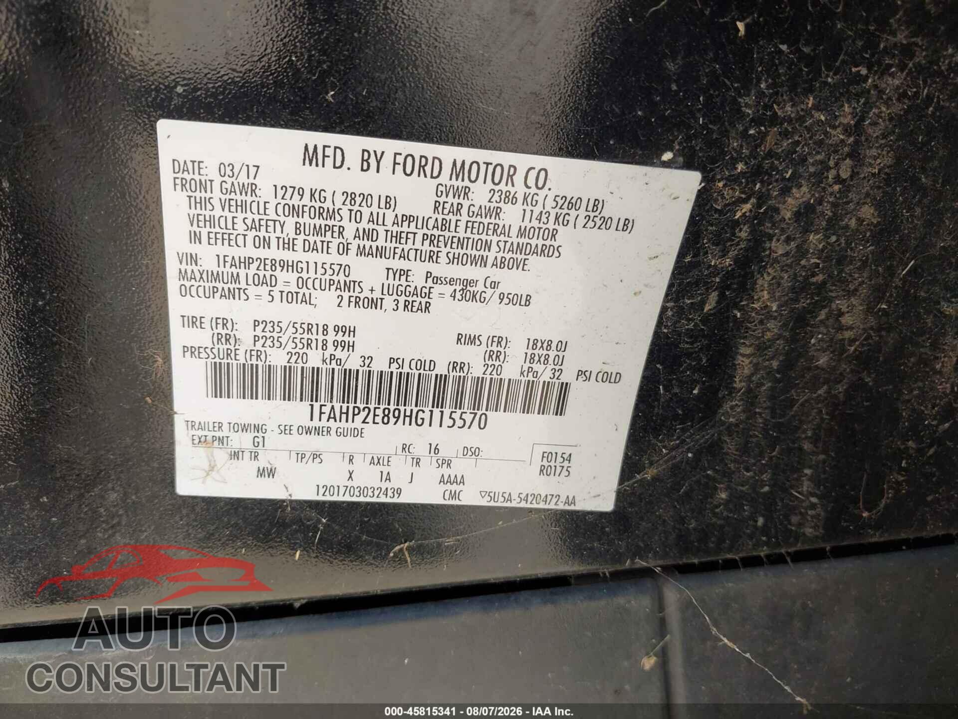 FORD TAURUS 2017 - 1FAHP2E89HG115570