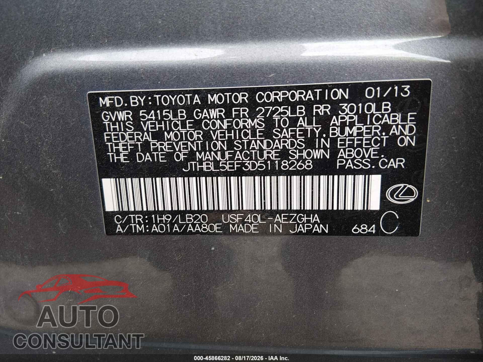 LEXUS LS 460 2013 - JTHBL5EF3D5118268