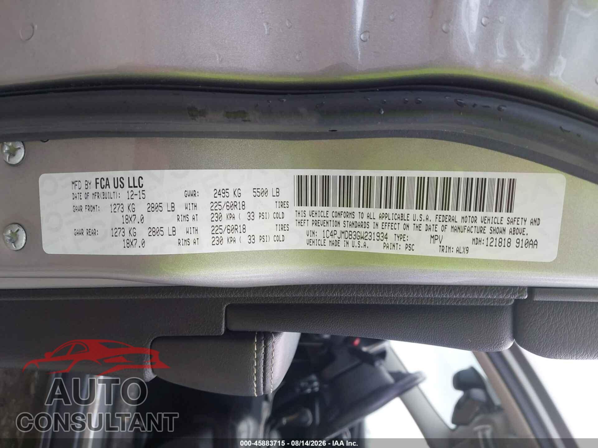 JEEP CHEROKEE 2016 - 1C4PJMDB3GW231934
