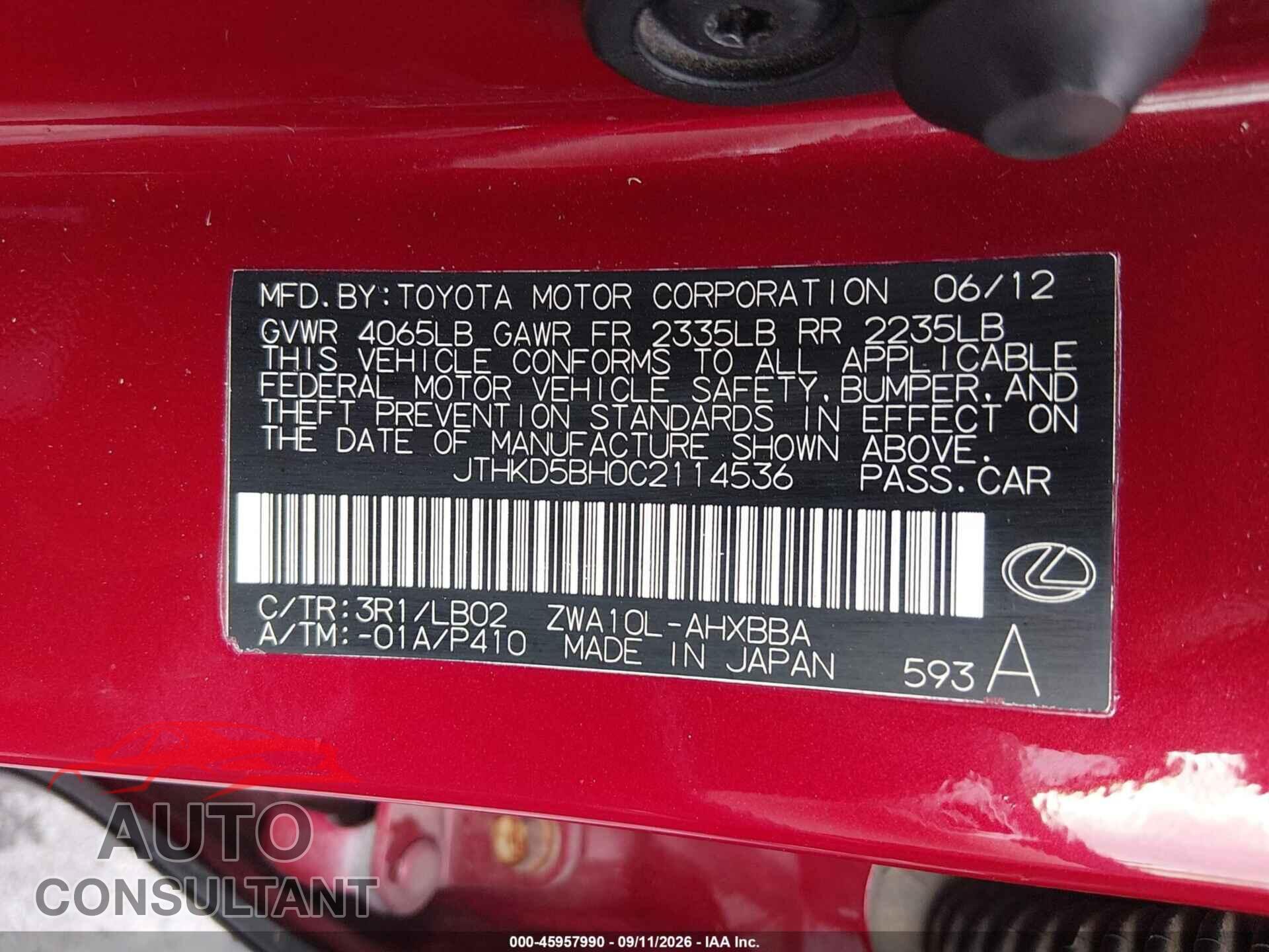 LEXUS CT 200H 2012 - JTHKD5BH0C2114536