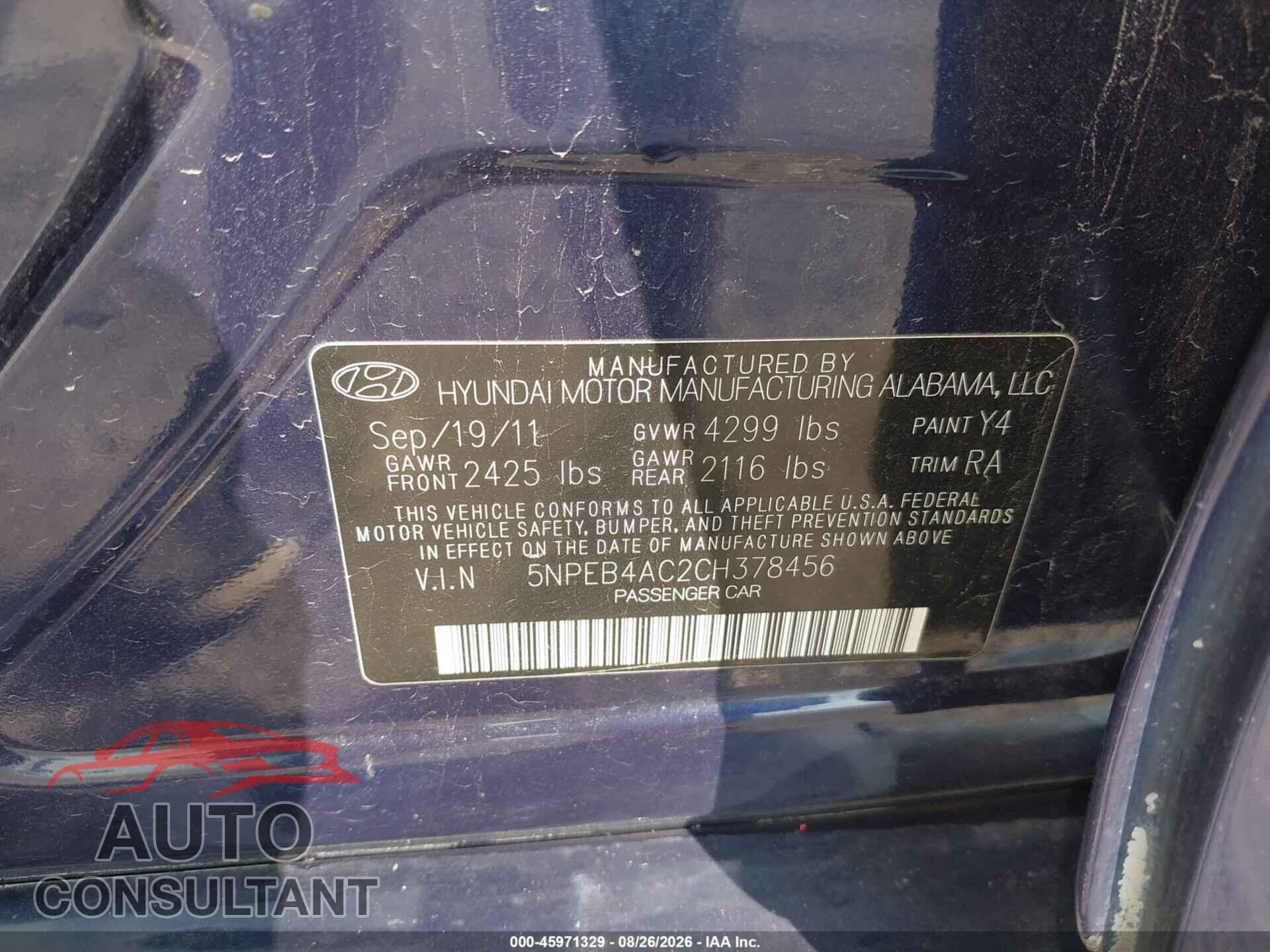 HYUNDAI SONATA 2012 - 5NPEB4AC2CH378456
