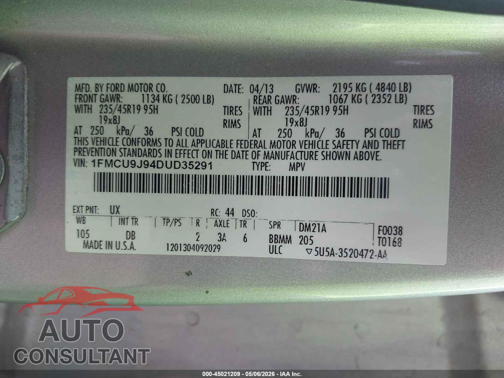 FORD ESCAPE 2013 - 1FMCU9J94DUD35291
