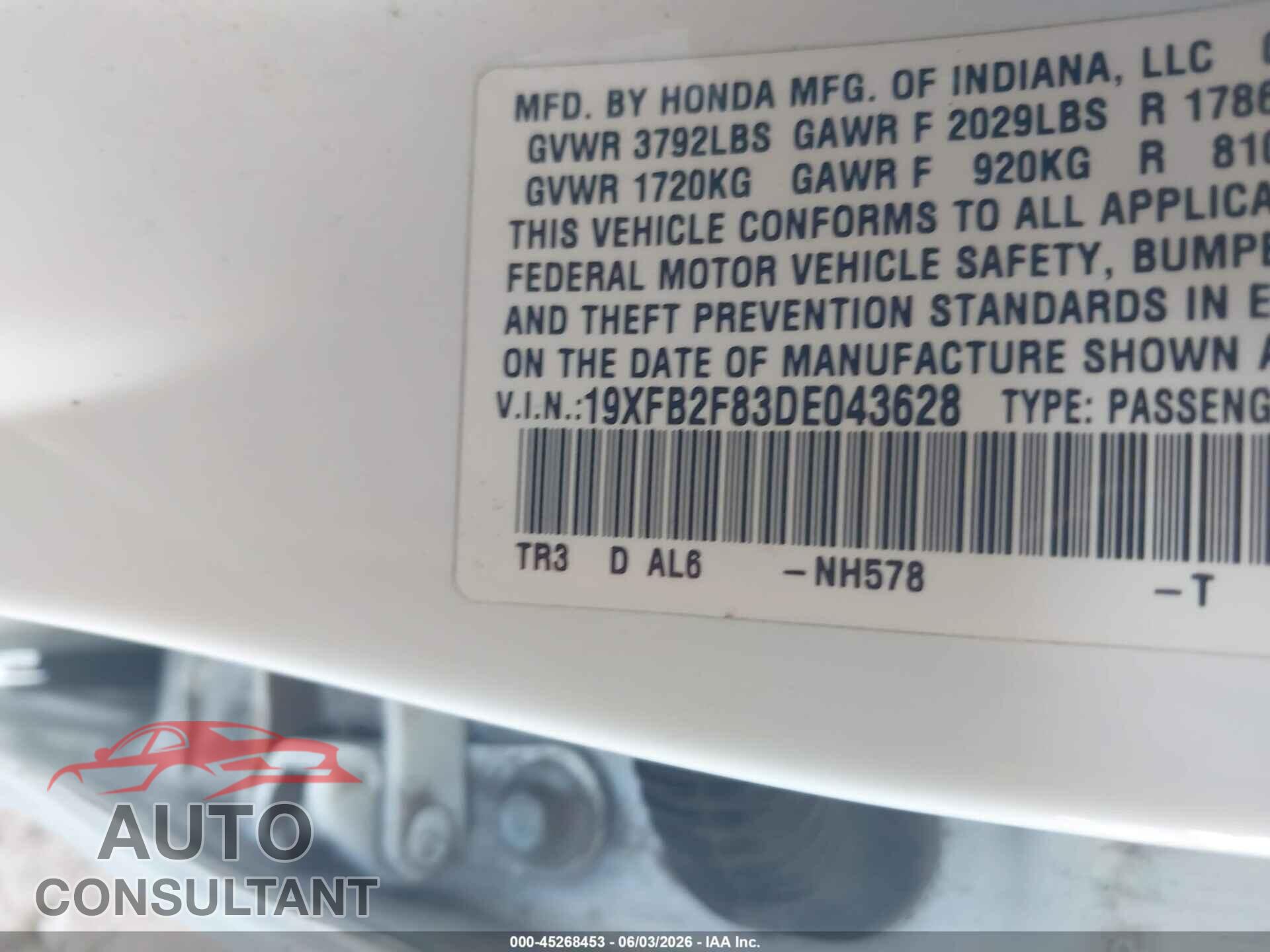 HONDA CIVIC 2013 - 19XFB2F83DE043628