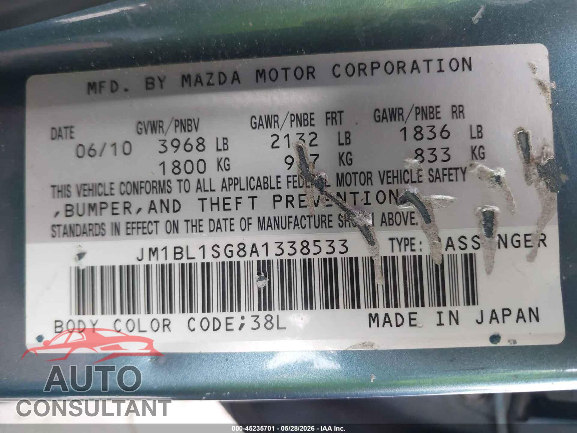 MAZDA MAZDA3 2010 - JM1BL1SG8A1338533